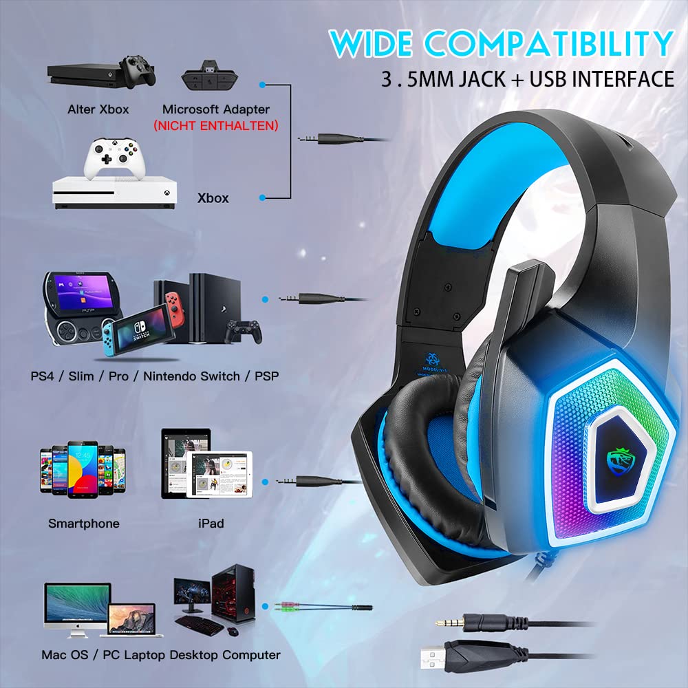 ARKARTECH Gaming Headset with Microphone - Noise Cancelling Over-Ear Headphones with Stereo Surround Sound & LED Lights for Xbox One, PS4, PS5, PC, Nintendo Switch & Tablets - Perfect for Online Gaming, Streaming & Virtual Meetings