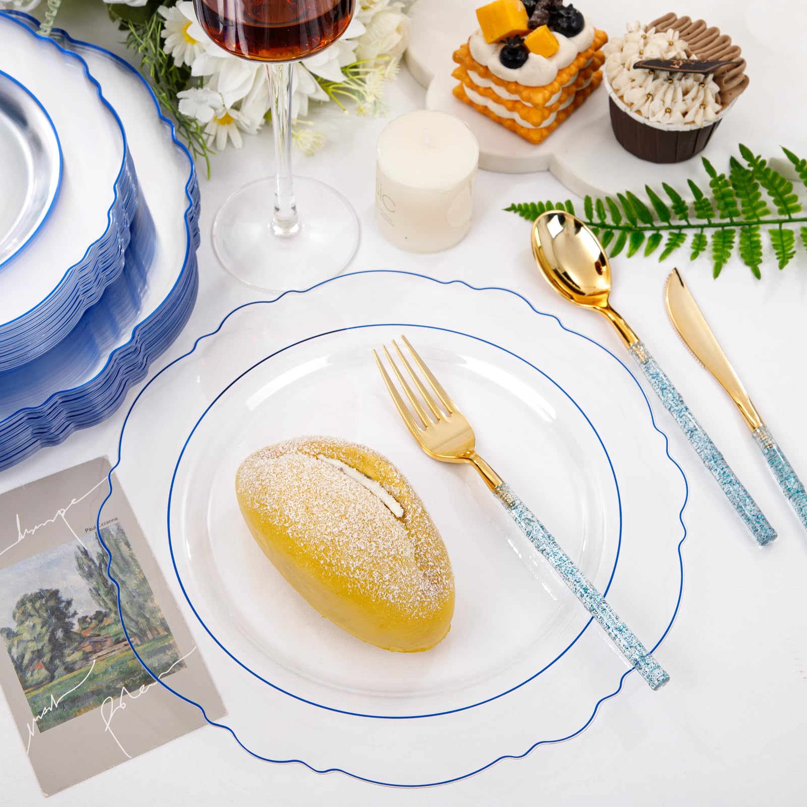 Liacere 150-Piece Clear Blue Plastic Plates Set with Glitter Bamboo Cutlery - Elegant Baroque Disposable Plates (60) & Utensils (30 Forks, 30 Spoons, 30 Knives) for Wedding, Party, Picnic, Summer BBQ and Outdoor Events