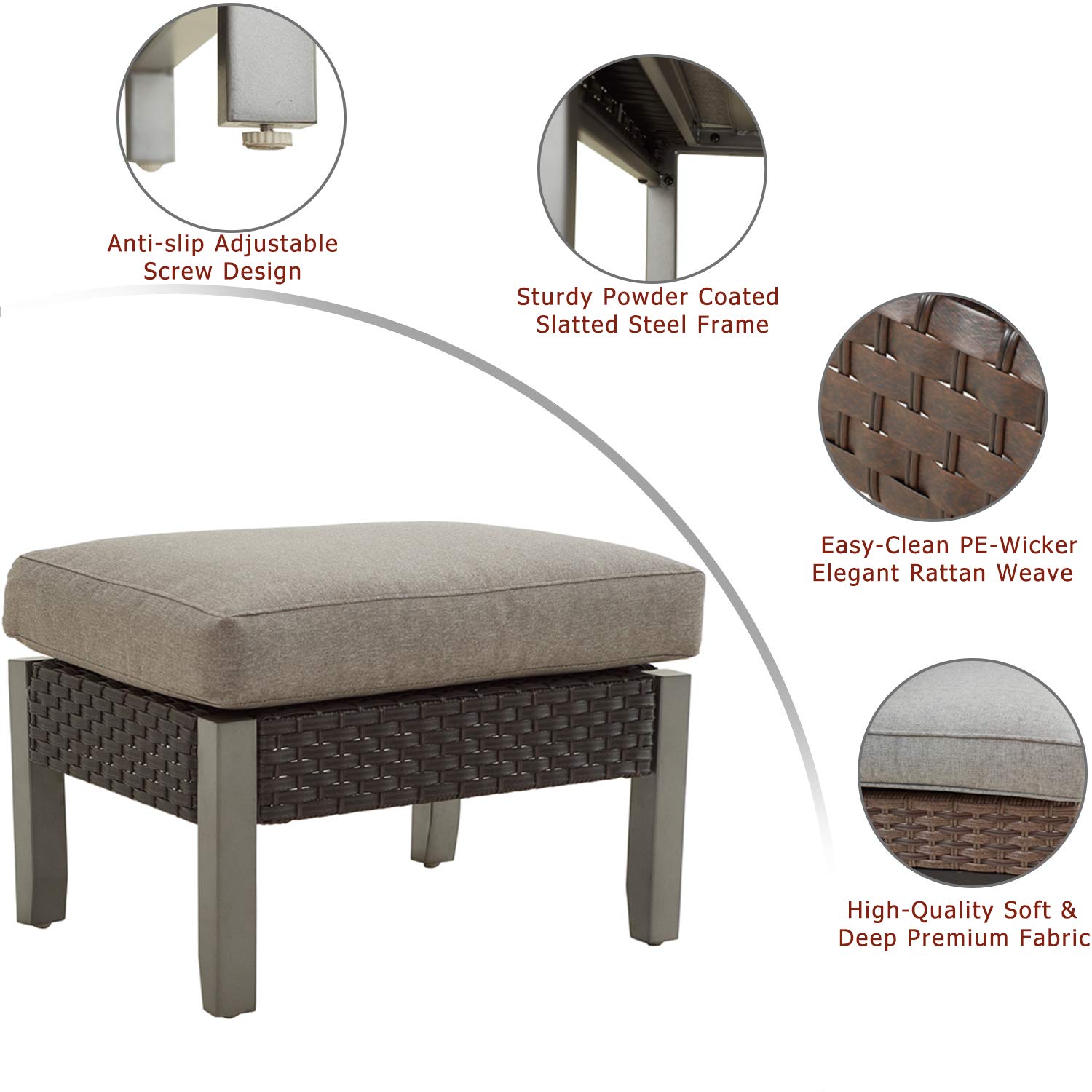 Outdoor Rattan Wicker Ottoman with Thick Cushion - All-Weather Metal Footrest Stool for Patio, Garden & Lawn - Perfect for Relaxing, Entertaining & Outdoor Decor