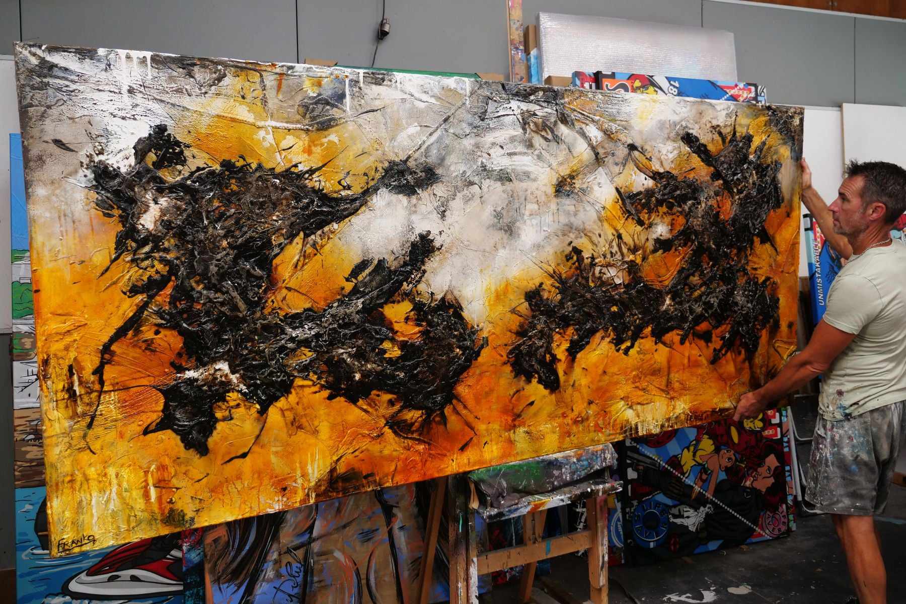 Grunged Sienna 270cm x 120cm Abstract Textured Canvas Painting in Black - Perfect for Modern Living Room & Office Wall Decor