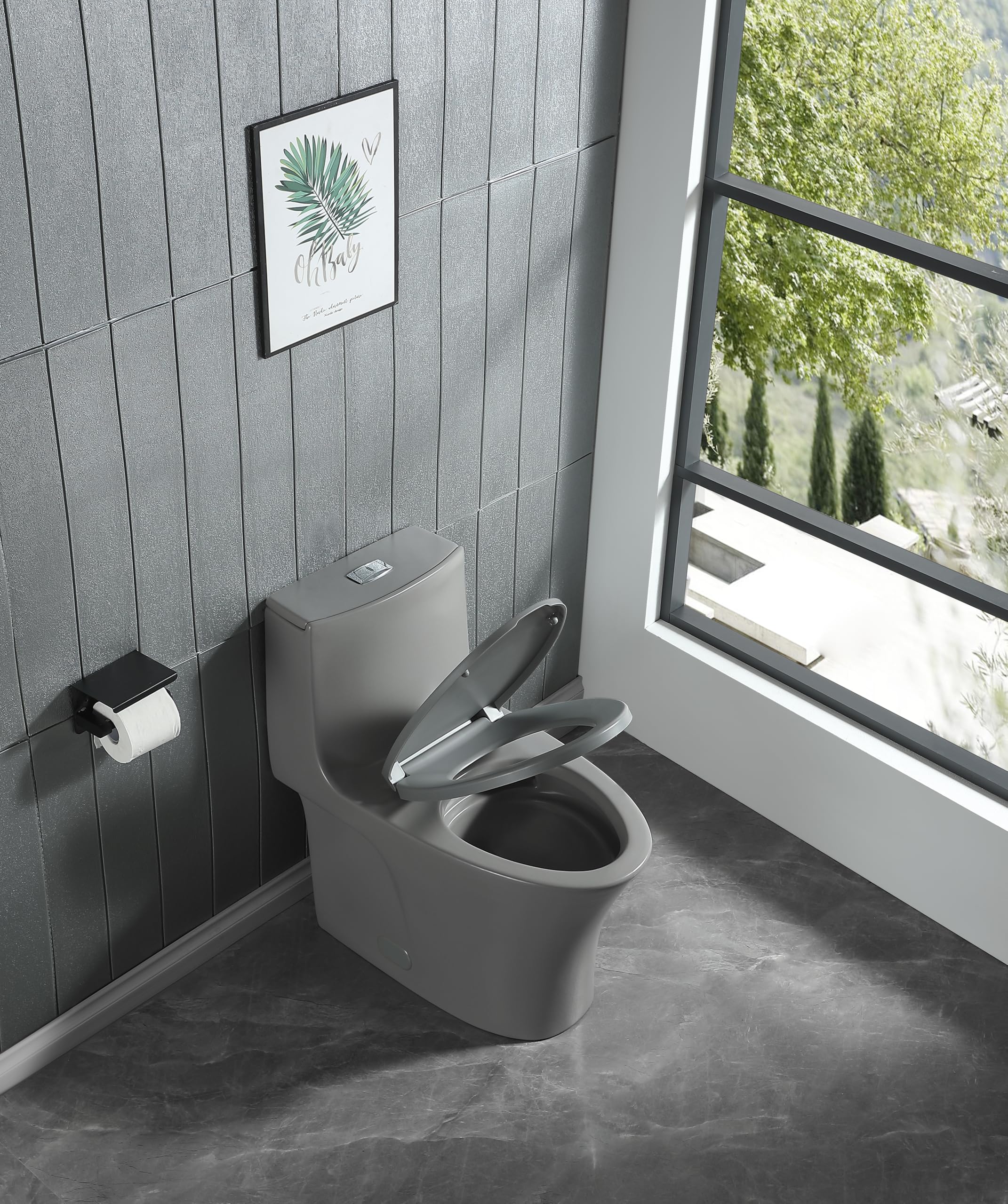 1.1/1.6 GPF Dual Flush One Piece Elongated Toilet with Soft Close Seat - Water Saving 1000g MAP Flushing Standard - Modern Grey Bathroom Toilet for Home & Commercial Use
