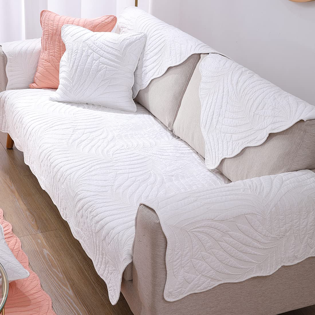 VCTOPS Leaf Embroidery Cotton Sofa Cover - Non-Slip Sectional Couch Protector for Pets, Recliners & L-Shaped Couches (White, 36x63 Inches) - Perfect for Living Room, Family Room & Pet-Friendly Homes