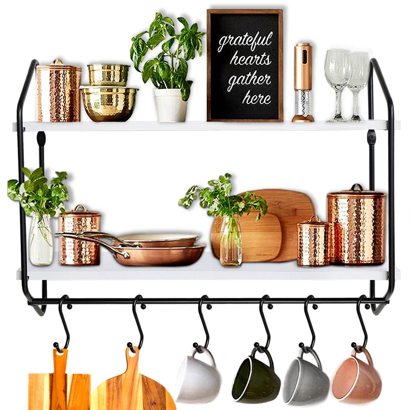 Modern Floating Shelf with Hooks - 24 Inch Kitchen & Bathroom Wall Shelf for Coffee Bar Organization - Black and White (604-60W) - Perfect for Small Space Storage & Home Decor