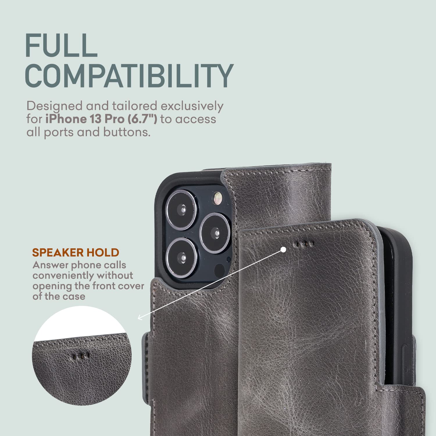 Bayelon Premium Full Grain Leather Wallet Case for iPhone 13 Pro Max - Magnetic Folio Flip Cover with Card Slots & MagSafe Compatibility (Smoked Black) | Perfect for Business, Travel & Everyday Protection