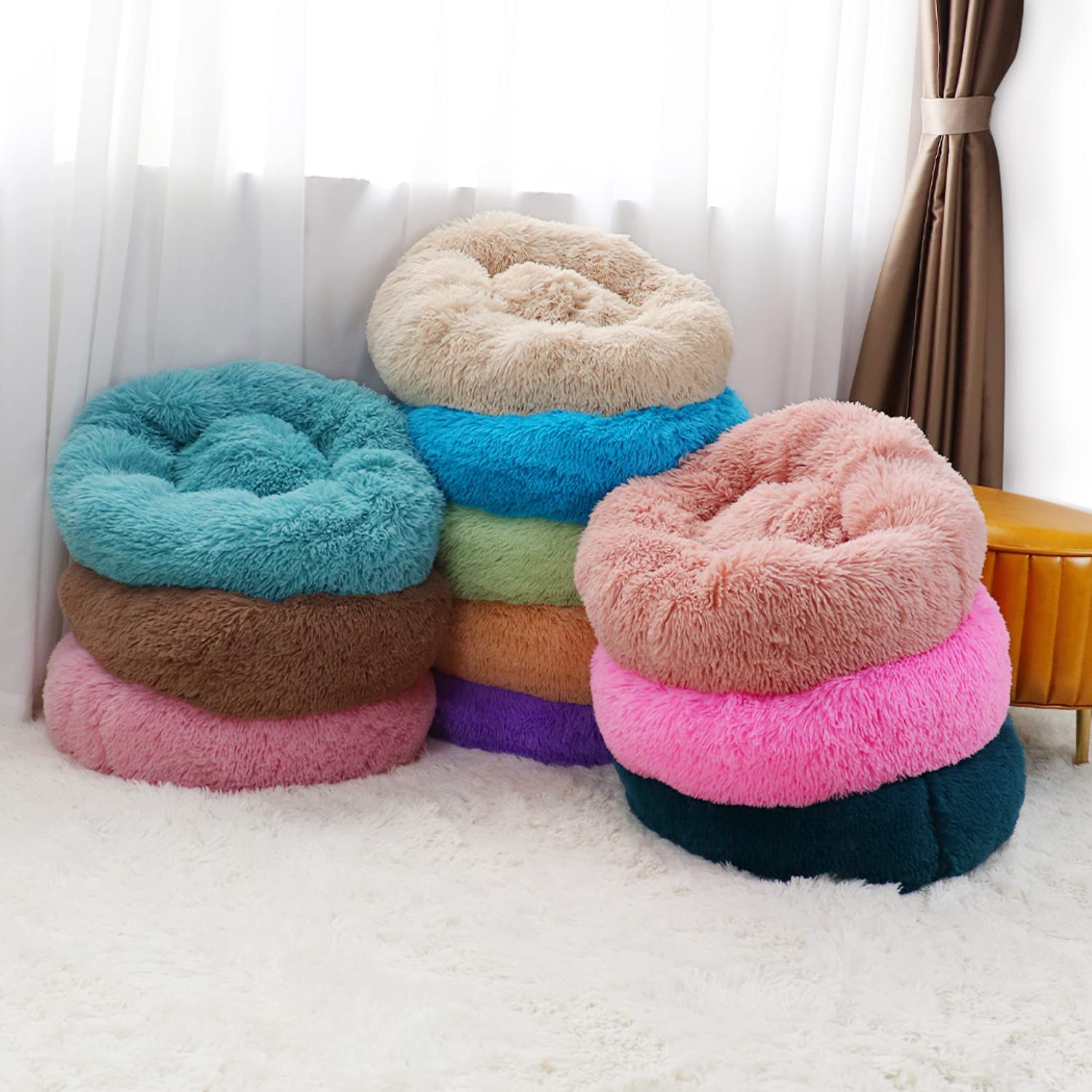 Cozy Donut Dog Bed for Small Medium Large Dogs & Cats - Anti Anxiety Plush Pet Bed with Soft Fuzzy Fabric, Calming Round Bed for Puppies & Kittens - Perfect for Stress Relief, Cuddling & Relaxation at Home