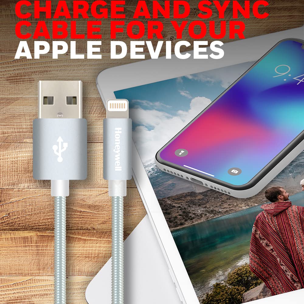 Honeywell Apple Lightning Sync and Charge Cable 1.2M (Silver) - Fast Charging & Data Sync for iPhone, iPad, iPod - Perfect for Home, Office, and Travel Use