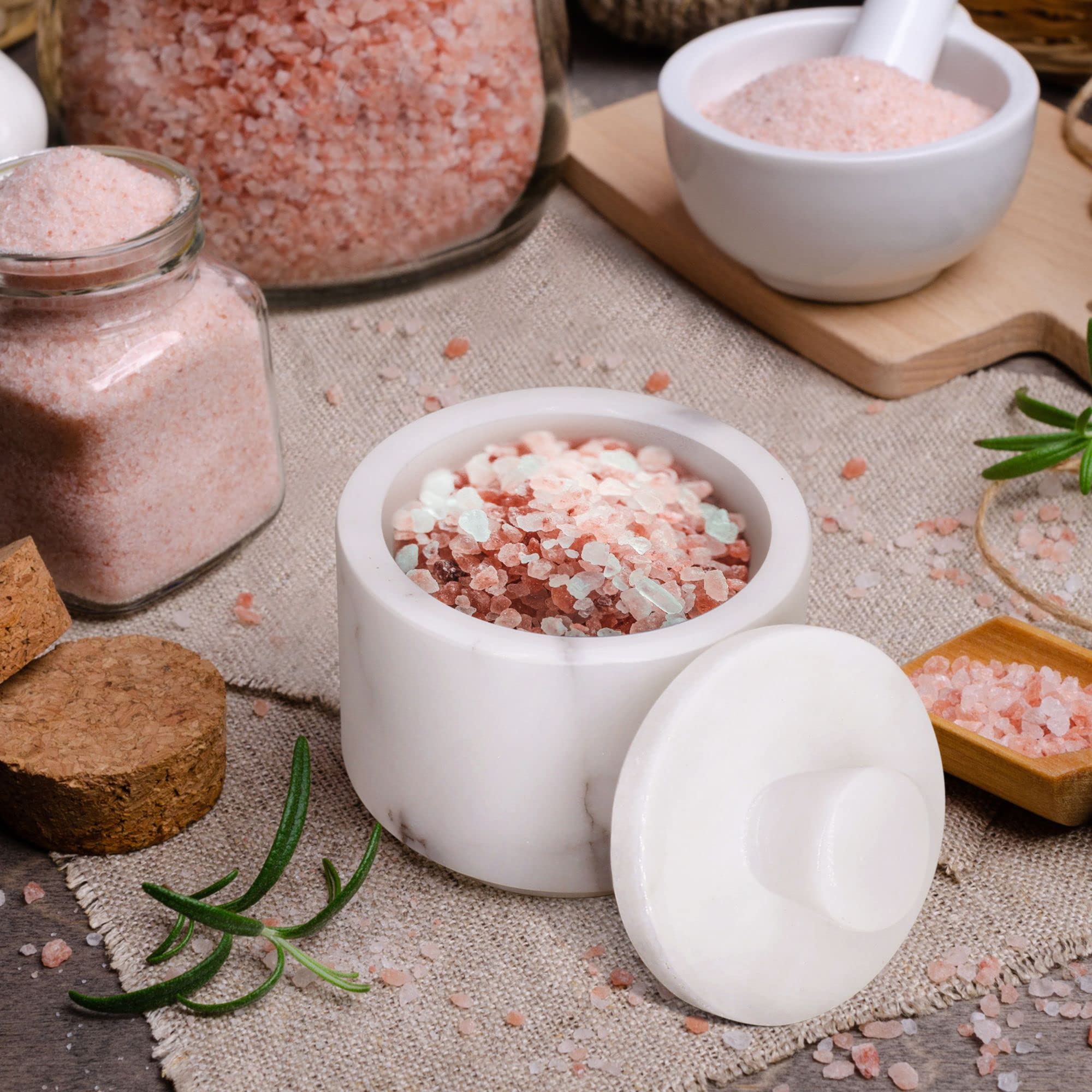Flexzion Marble Salt Cellar with Lid - Premium Multi-Purpose Marble Container for Spices (Salt, Pepper, Paprika) & Jewelry Storage - Elegant Marble Box for Kitchen, Dining Table & Vanity Organizer (White) - Perfect for Home Decor & Gift Giving
