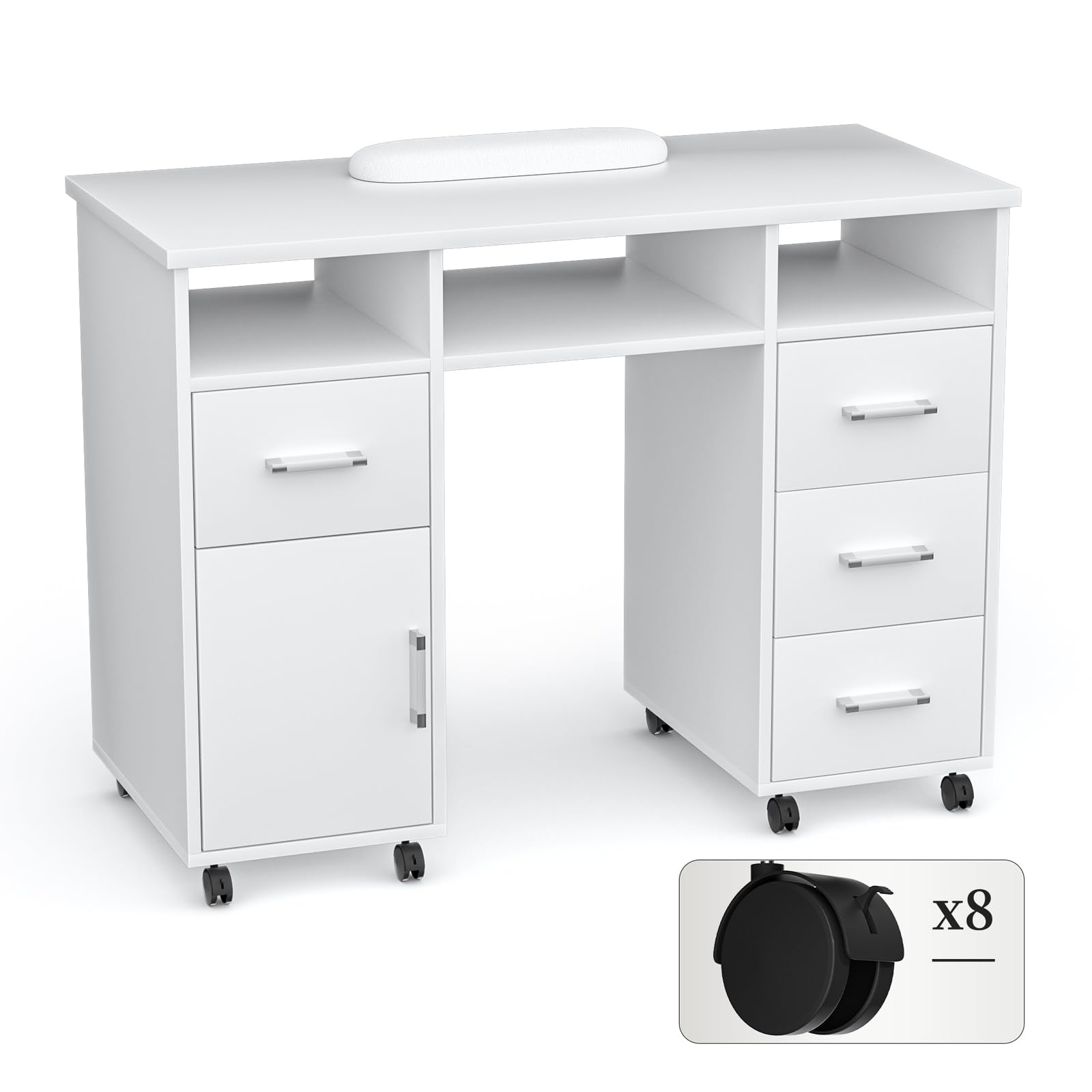 Professional Nail Tech Table with Lockable Wheels - Acetone Resistant Manicure Station with 4 Drawers, 1 Cabinet & 3 Open Storage - Portable Nail Salon Desk for Home & Professional Use (White) - Perfect for Nail Artists, Salons & Mobile Services
