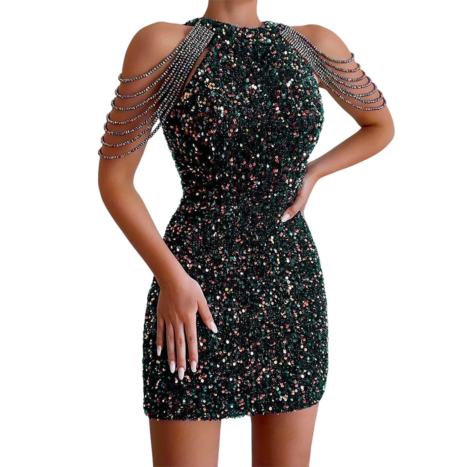 ZAFUL Women's Elegant Sexy Off Shoulder Sleeveless Backless Sequin Bodycon Mini Dress for Cocktail Party, Evening Gala, Prom, Formal Events & Night Out
