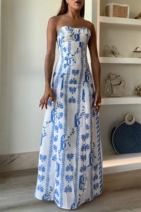 Freya Linen Blend Floral Wave Print Ruched Bust Strapless Maxi Dress for Women | Summer Beach Wedding Guest Dress | Boho Chic Party Gown