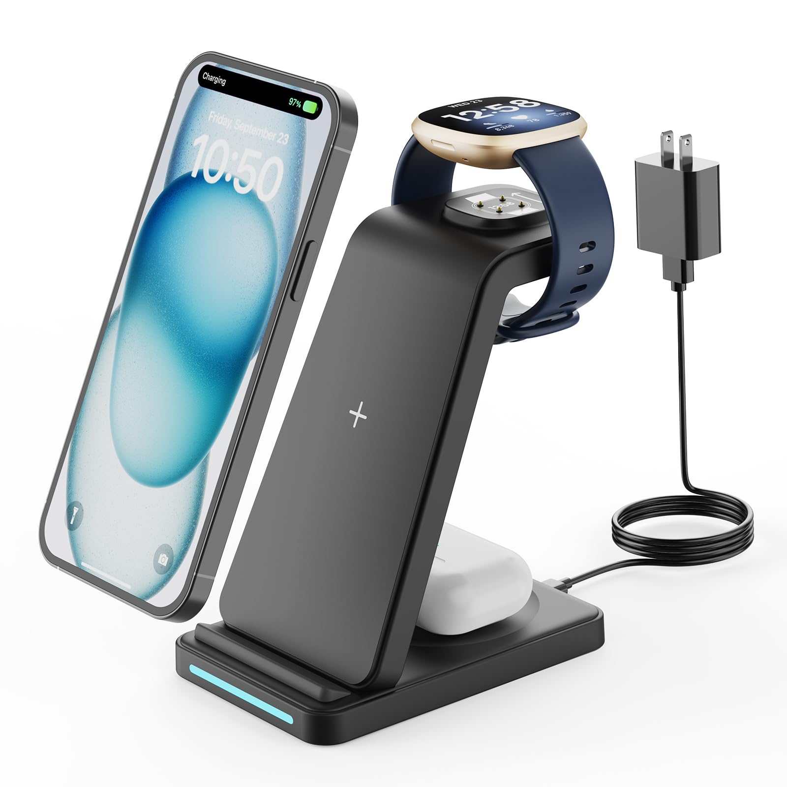 GEEKERA 3-in-1 Wireless Charging Station for Fitbit Sense 2/Sense/Versa 4/Versa 3, iPhone 15/14/13/12/11 Pro Max, Samsung Galaxy S23/S22/S21/S20 & AirPods 3/2 - Fast Charging Stand for Bedside, Office & Travel