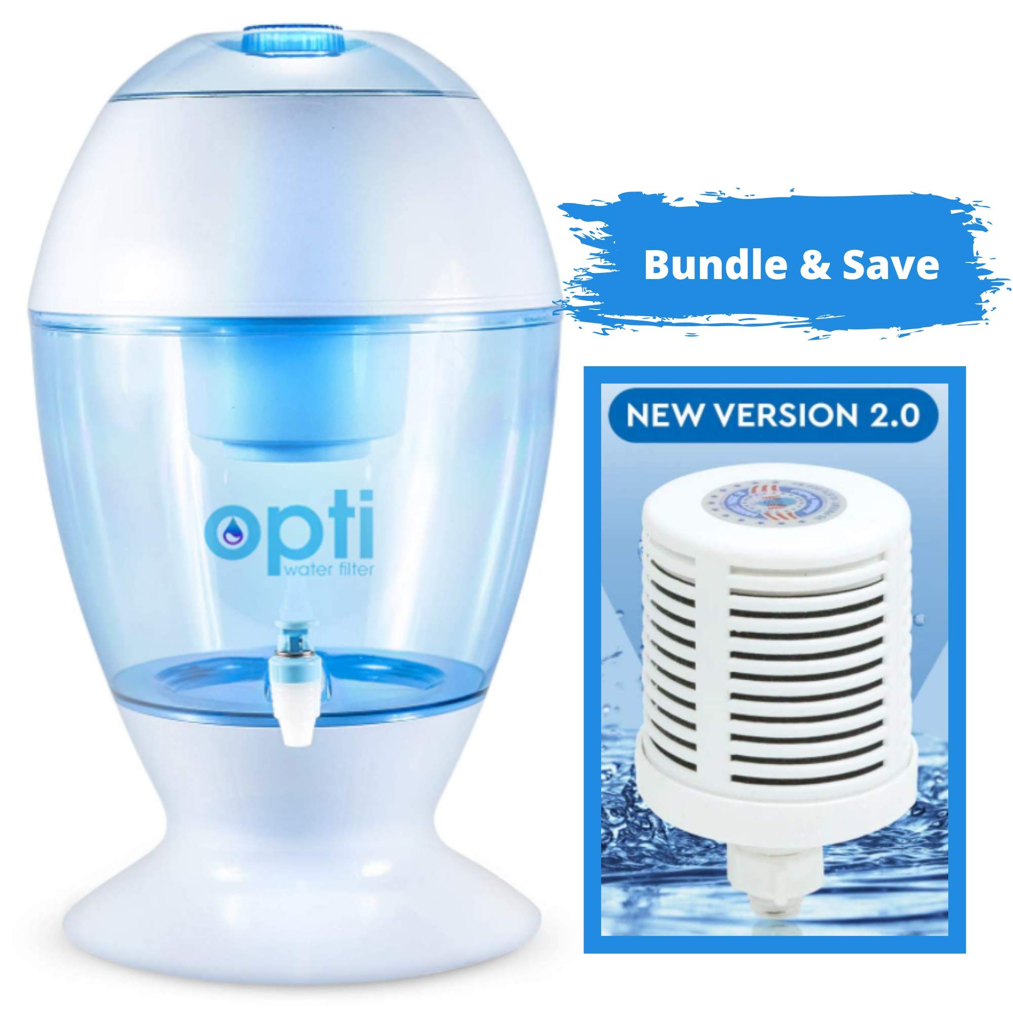 Opti Drop 3 Gallon Alkaline Water Filter System with 1 Extra OEM 200 Gallon Replacement Filter - Pure Drinking Water for Home, Office & Travel