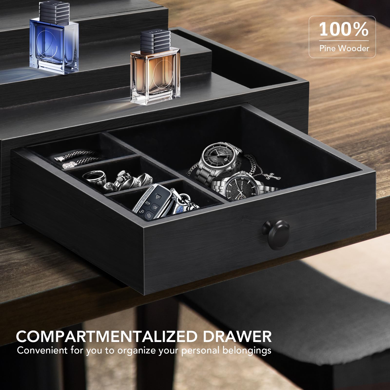 3-Tier Cologne Stand Organizer for Men - Velvet Lined Drawer & Compartments for Watch, Jewelry & Perfume Display | Perfect Gift for Father | Bathroom Countertop & Dresser Organizer for Fragrance Collection