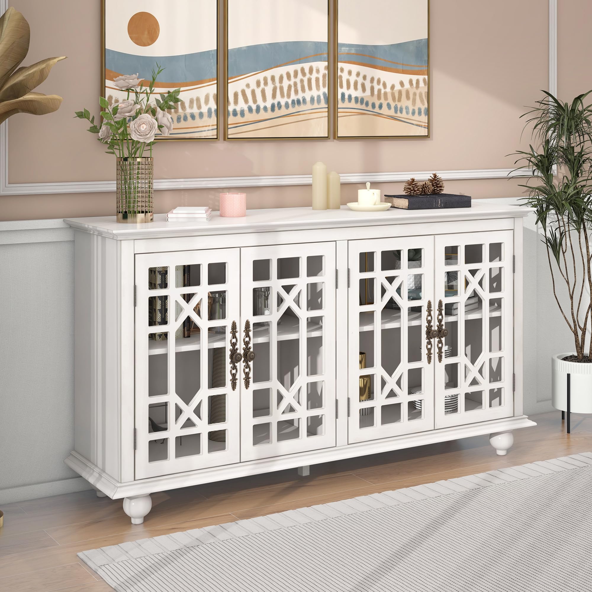 Elegant Glass Door Sideboard Buffet Cabinet - Long Bar Table Buffet Server with Adjustable Shelf, Retro Handles, Accent Storage Cabinet - Perfect for Living Room, Dining Room & Kitchen Storage Solution
