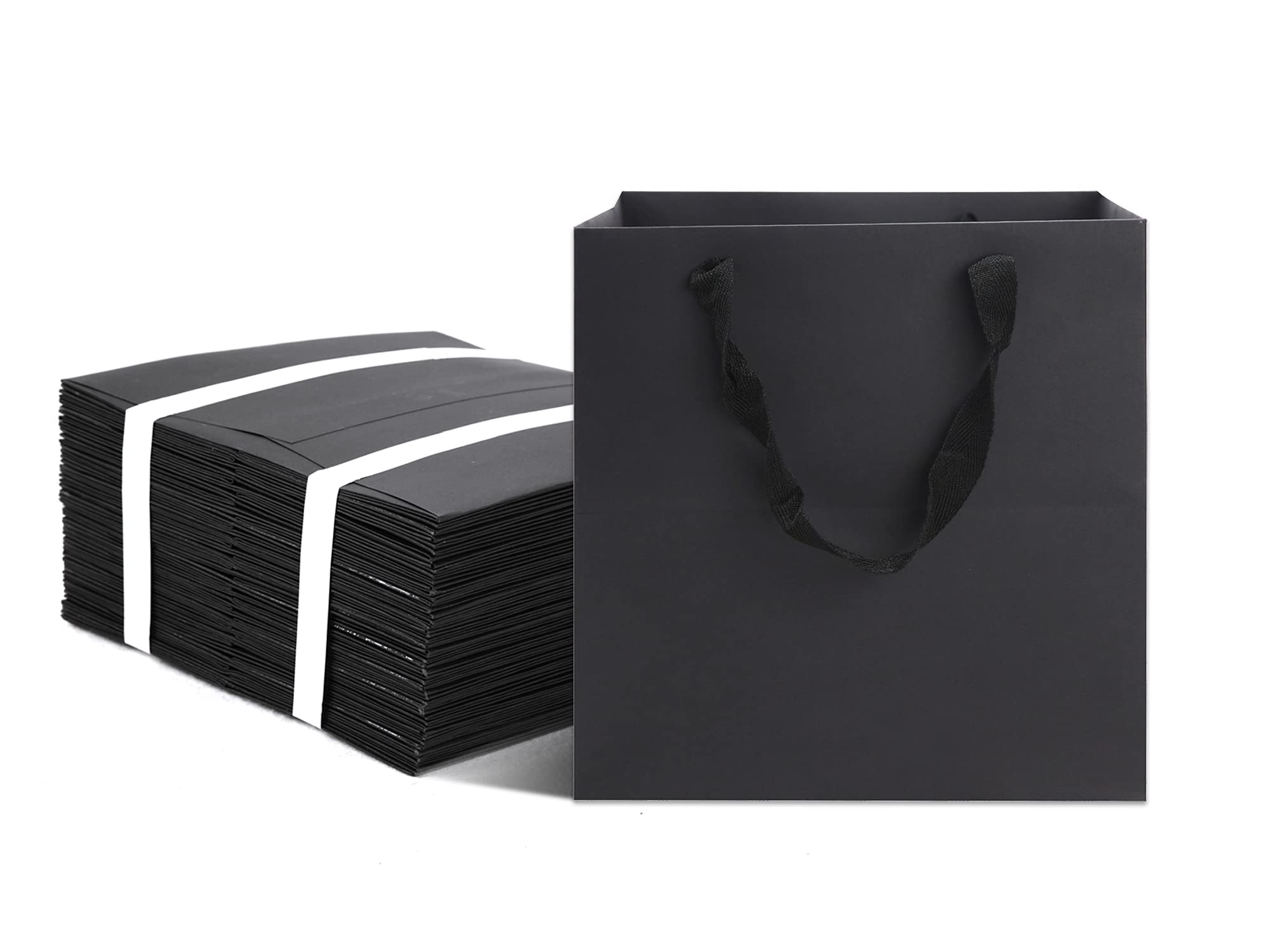 HUAPRINT 12 Pack Black Paper Gift Bags with Handles - 6x6x6 Inch Square Kraft Shopping Bags for Party, Birthday, Retail, Merchandise & Take-Out - Bulk Favor Bags for Goody Bags & Events
