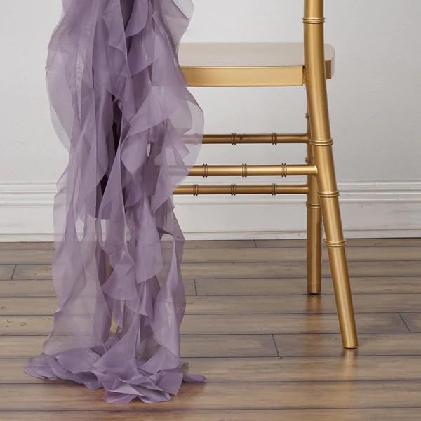 50 Premium Amethyst Curly Chiffon Chair Covers with Sashes - Elegant Wedding, Party, Ceremony & Reception Decorations for Banquet Halls and Event Venues