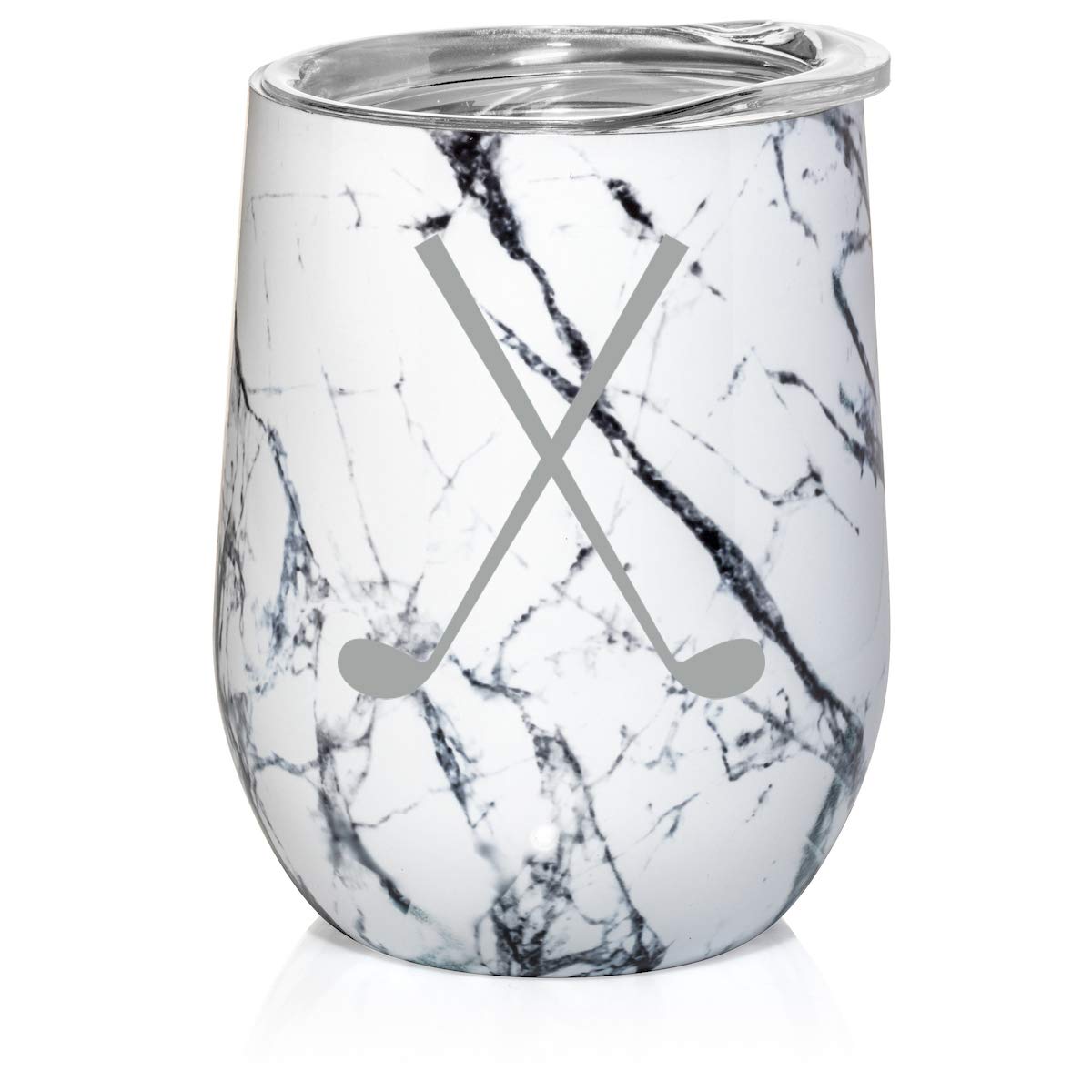 12 oz Double Wall Vacuum Insulated Stainless Steel Marble Wine Tumbler - Stemless Coffee Travel Mug with Lid & Golf Design - Perfect for Wine, Coffee, Golf Outings & Outdoor Activities (Black White Marble)