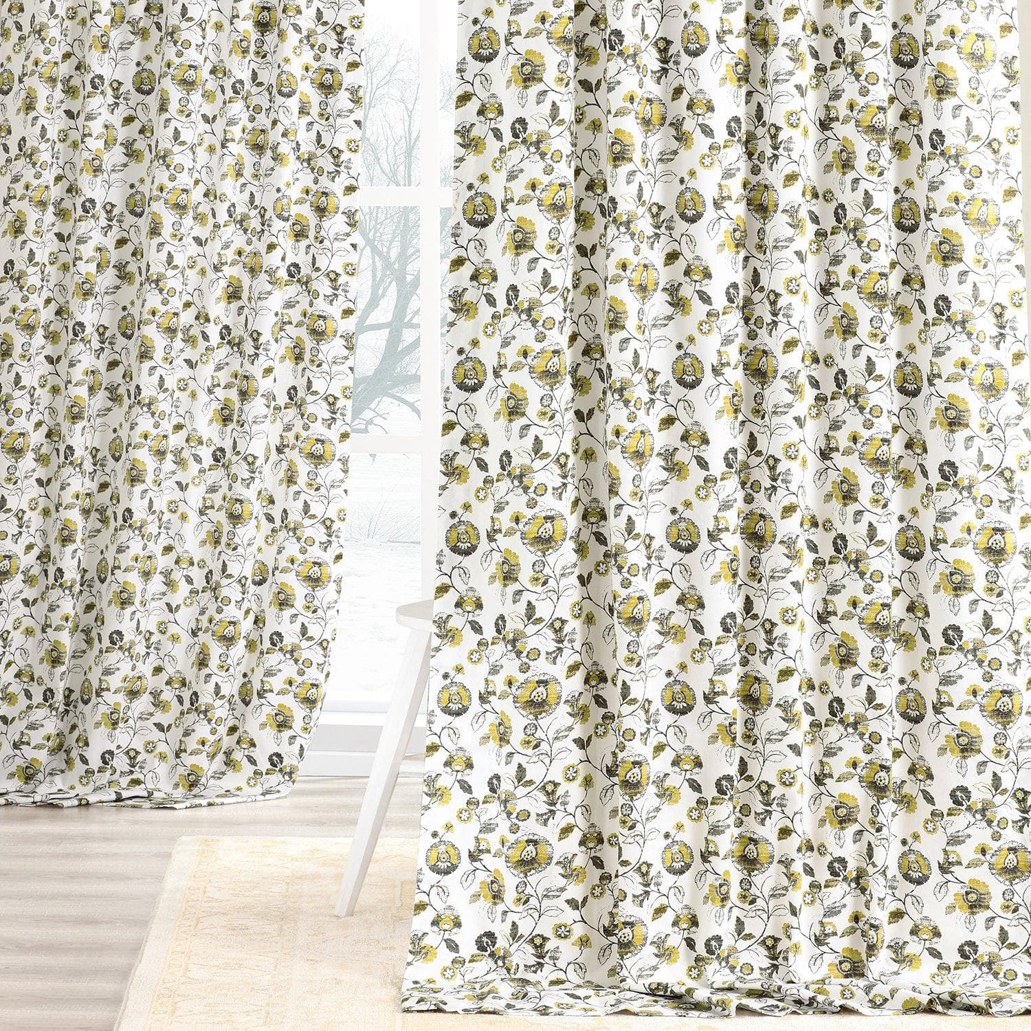 Madison Gold & Grey Floral Printed Cotton Blackout Curtains for Bedroom & Living Room - Light Blocking Window Drapes for Home Decor & Privacy