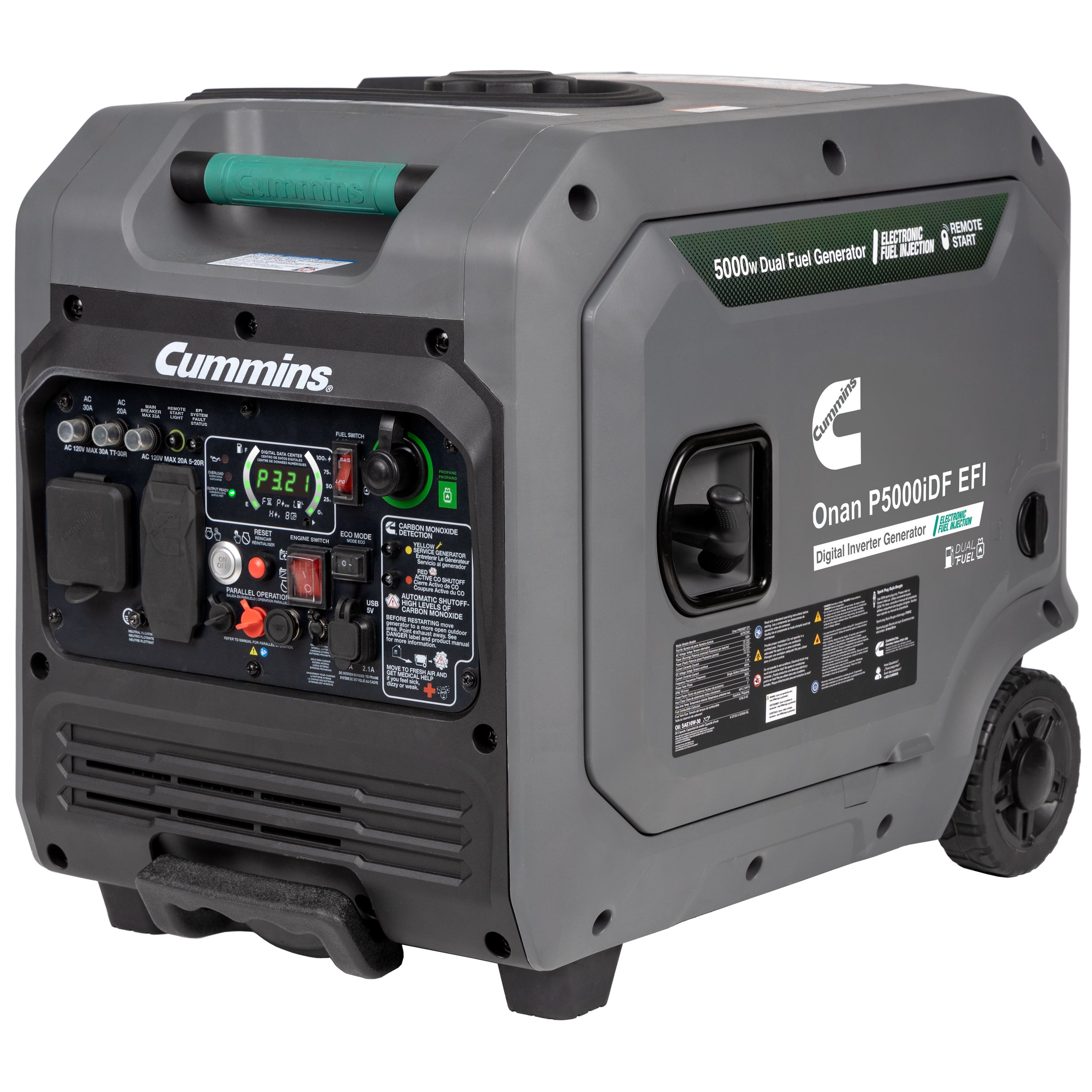 Cummins Onan P5000iDF EFI 3900W/5000W Dual Fuel Inverter Generator - Gas & Propane Powered with CO Alert & Remote Start - Perfect for Camping, RV Trips & Emergency Power Backup