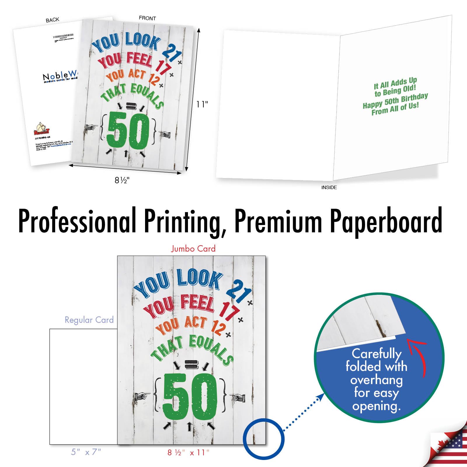 NobleWorks Funny 50th Birthday Card - 8.5 x 11 Inch Milestone Notecard with Age Equation Design - Perfect for Group Celebrations, Office Parties & Special Birthday Wishes (J7195MBG-US)