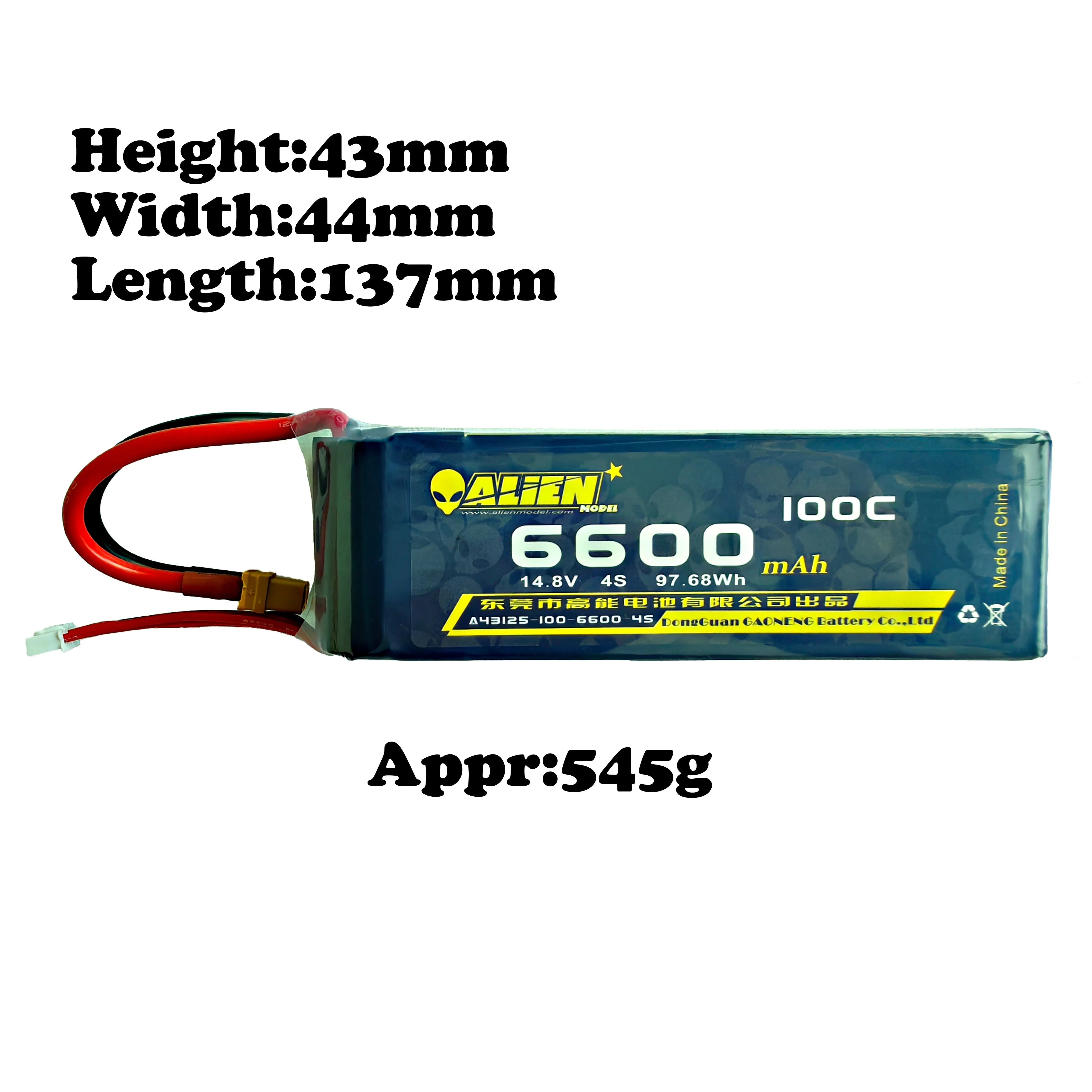 High-Capacity 6600mAh 14.8V 4S 100C LiPo Battery with XT60 Connector - Perfect for RC Drones, Cars, and High-Performance Hobby Models