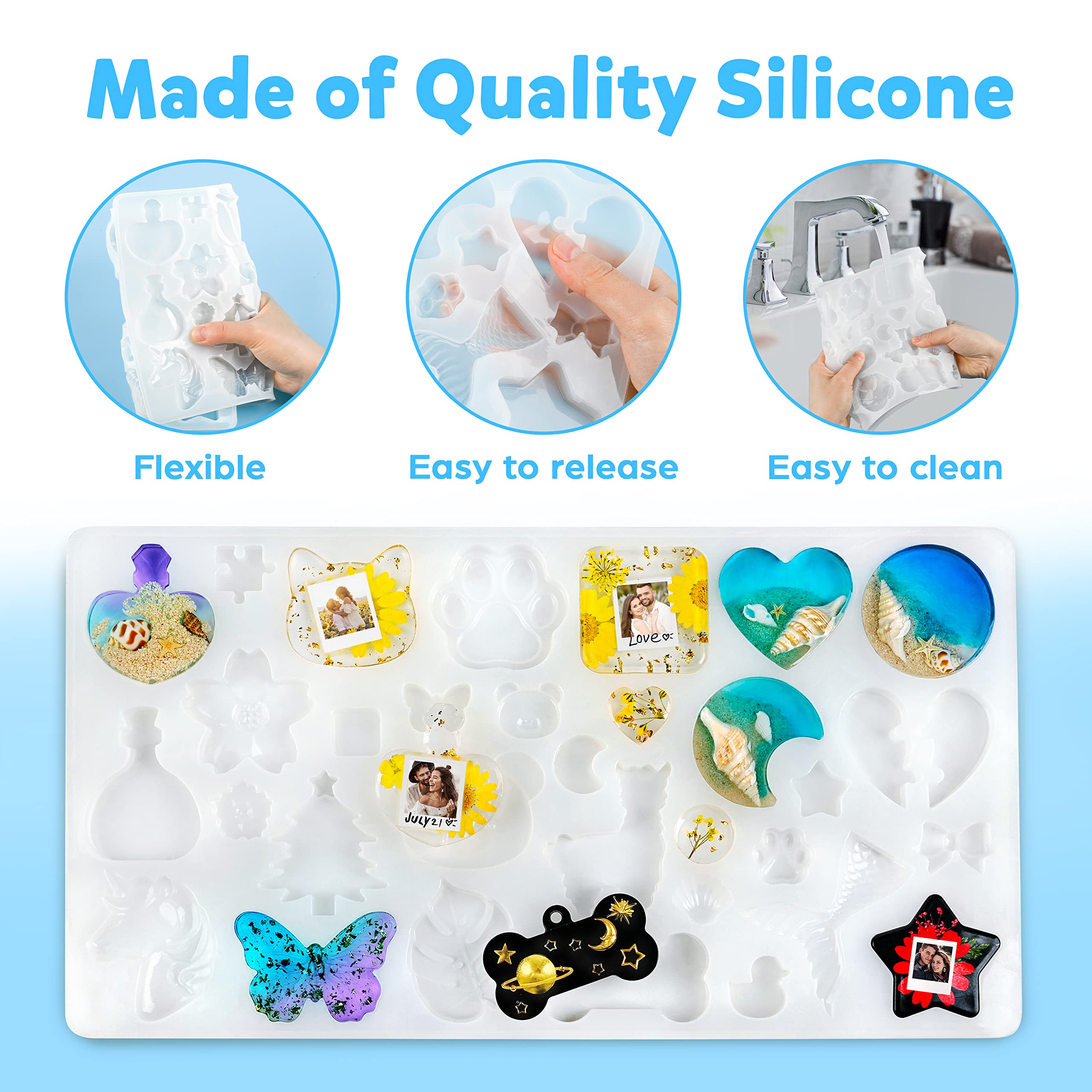 Mocoosy 182Pcs Silicone Resin Molds Kit for DIY Keychains - 32 Cavity Epoxy Resin Casting Molds with Various Shapes - Perfect for Making Handmade Jewelry, Christmas Ornaments & Craft Supplies (Ideal for DIY Gifts, Home Decor & Party Favors)