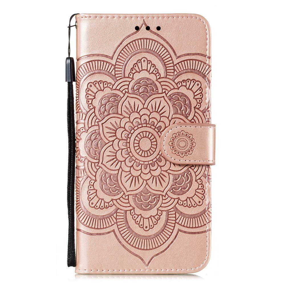 Premium PU Leather Mandala Embossed Flip Wallet Case for Samsung Galaxy A21S - Shockproof Cover with Card Holder & Kickstand (Rose Gold) - Perfect for Work, Travel & Daily Protection