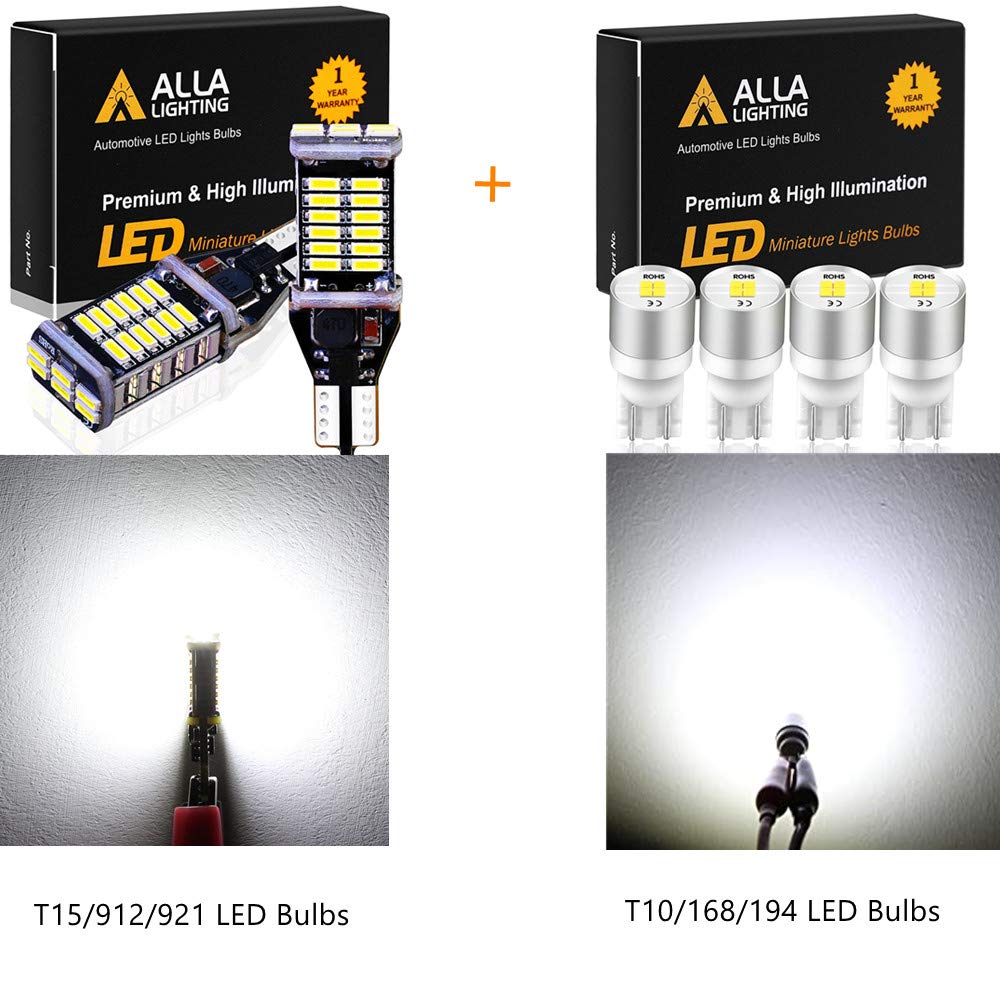 Alla Lighting T15 912 921 T10 168 194 LED Bulbs - 6000K Xenon White Reverse Lights, License Plate & Interior Lights Replacement for Cars, Trucks, SUVs - Perfect for Night Driving & Enhanced Visibility