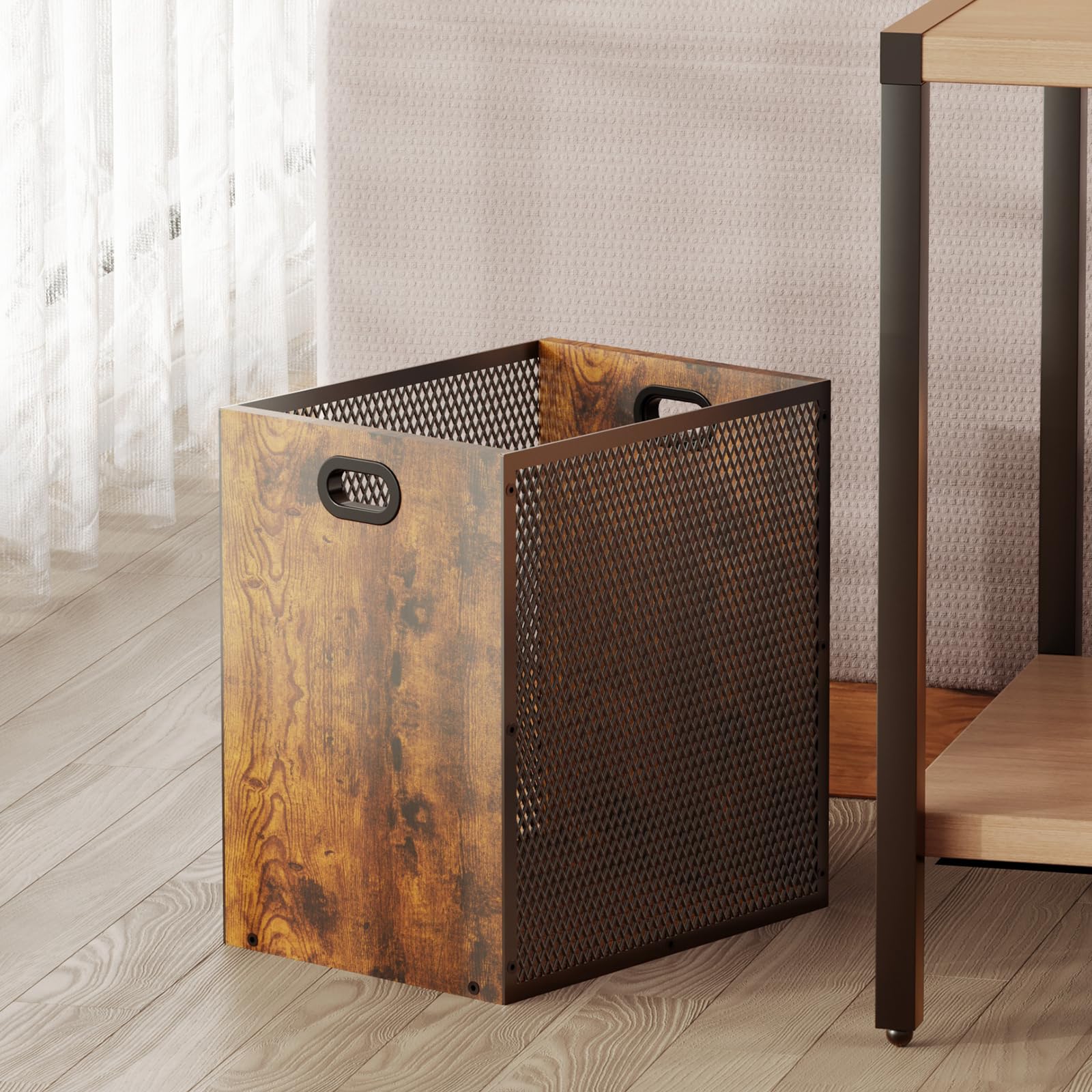 Vintage Industrial Office Trash Can - 4.5 Gallon Iron & Wood Rectangular Waste Basket with Handle for Home, Bedroom, Office - 11.02