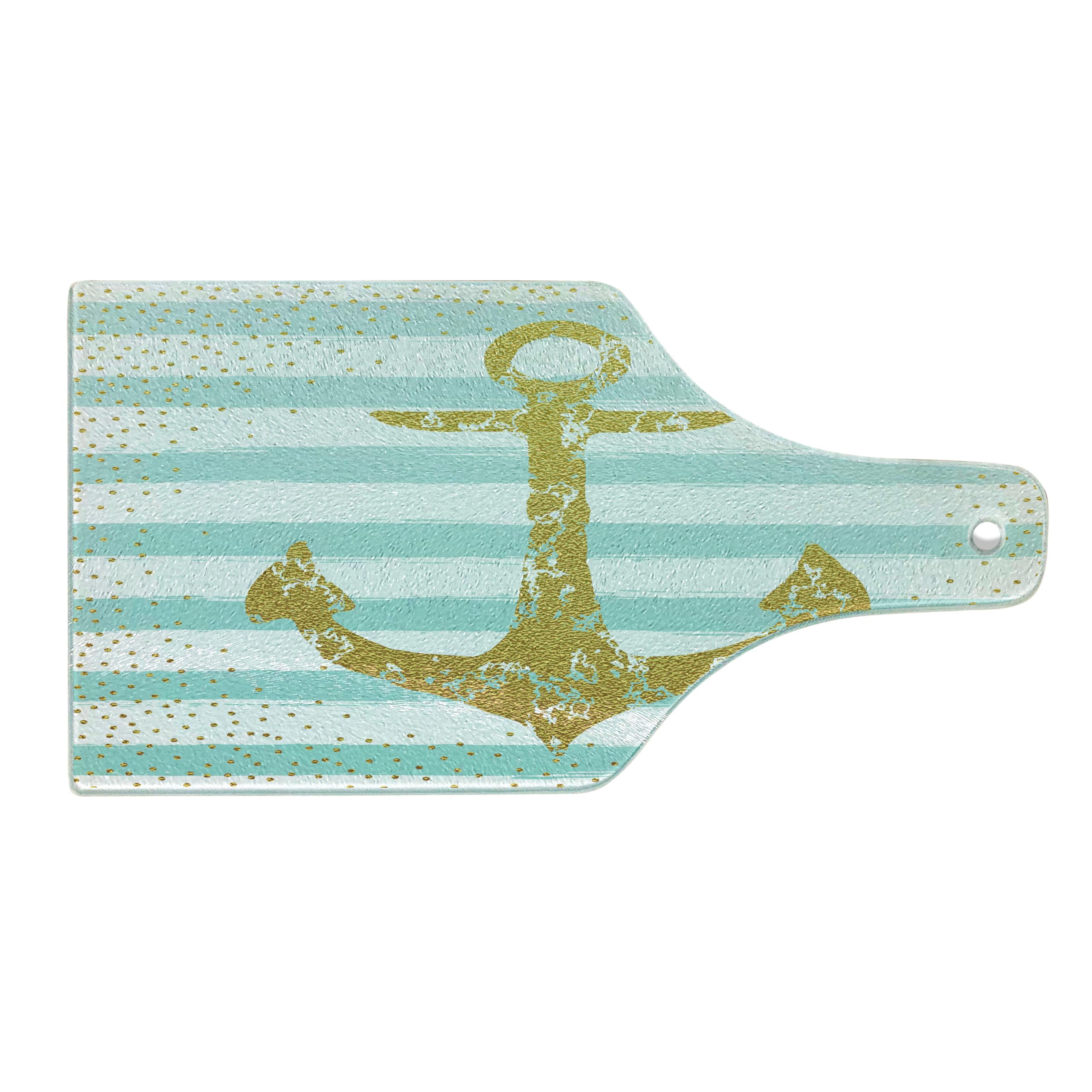 Ambesonne Anchor Tempered Glass Cutting Board - Nordic Marine Golden Yellow Anchor Striped Design, Decorative Serving Board for Cheese, Charcuterie & Wine - Wine Bottle Shape in Pale Blue & White - Perfect for Kitchen, Dining & Gift Giving
