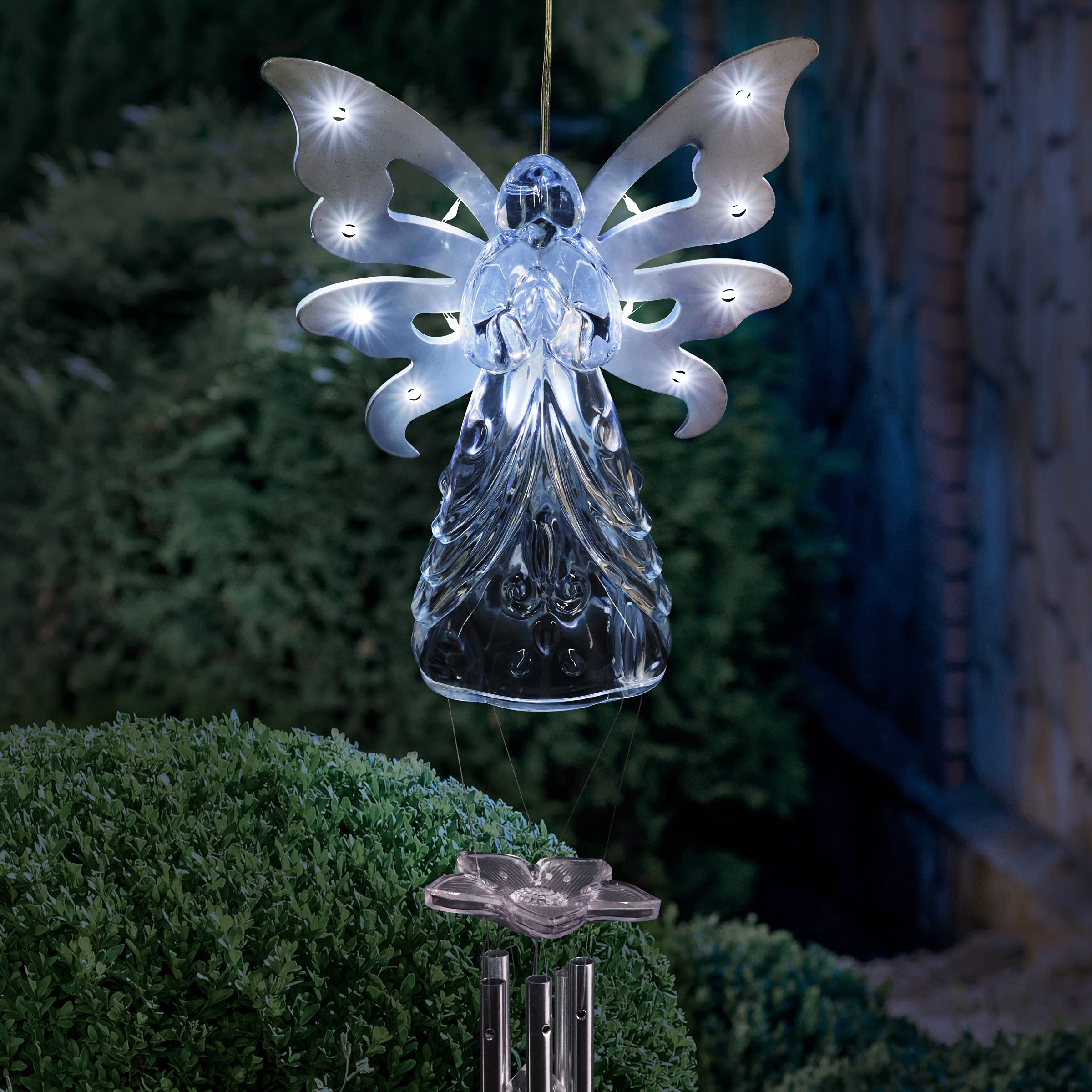 Solar Angel Wind Chime with LED Firefly Lights - Exhart 13 LED Metal Wings Wind Chime for Garden, Yard, Patio - White Acrylic Outdoor Decoration (6.5 x 4 x 42 Inch) - Perfect for Relaxing Evenings & Backyard Decor