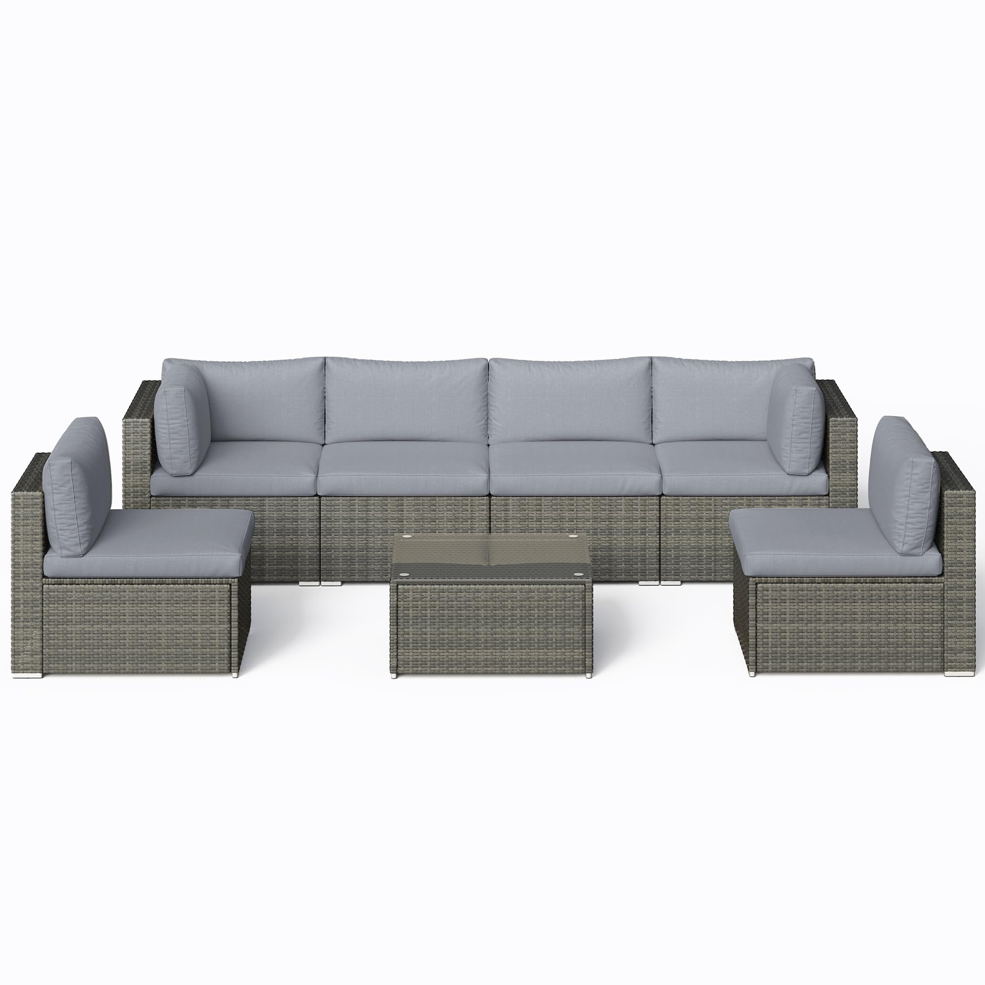 SUNVIVI 7-Piece Outdoor Patio Furniture Set - All-Weather PE Wicker Sofa Couch with Tempered Glass Table & Removable Gray Cushions - Perfect for Backyard, Garden, Poolside and Terrace Relaxation