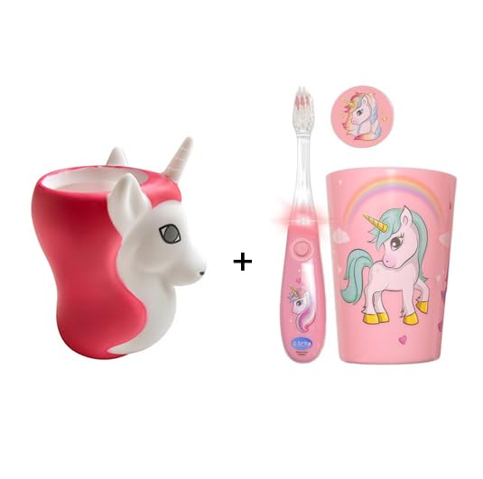 Lily's Home Kids Electric Toothbrush with 2-Minute Flashing Timer, Toothpaste Cup, Cover & Holder - Unicorn Design for Fun Brushing - Perfect for Toddlers & Children's Daily Oral Care Routine