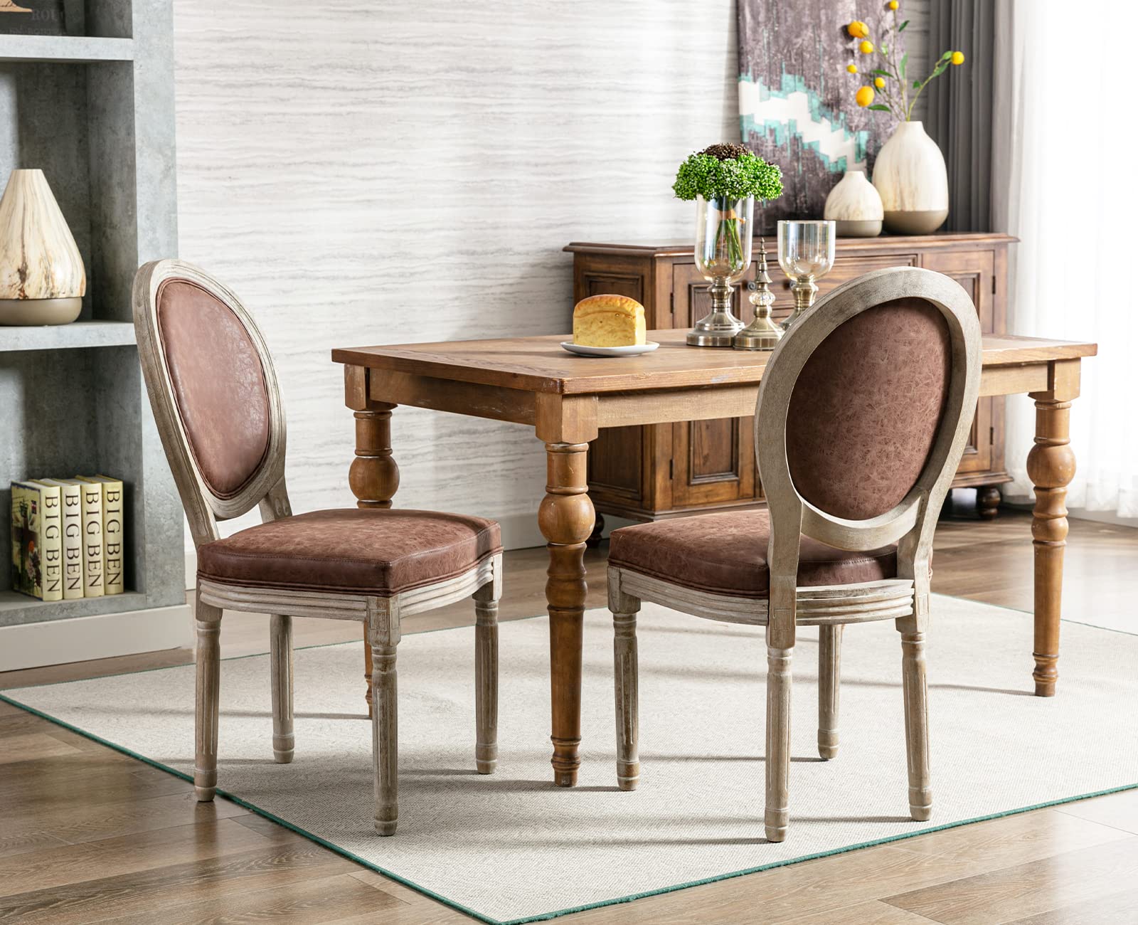 Premium PU Leather Dining Chairs Set of 2 - French Country Farmhouse Style Round Back Kitchen & Living Room Seating - Brown - Perfect for Home Decor, Entertaining & Comfortable Daily Use
