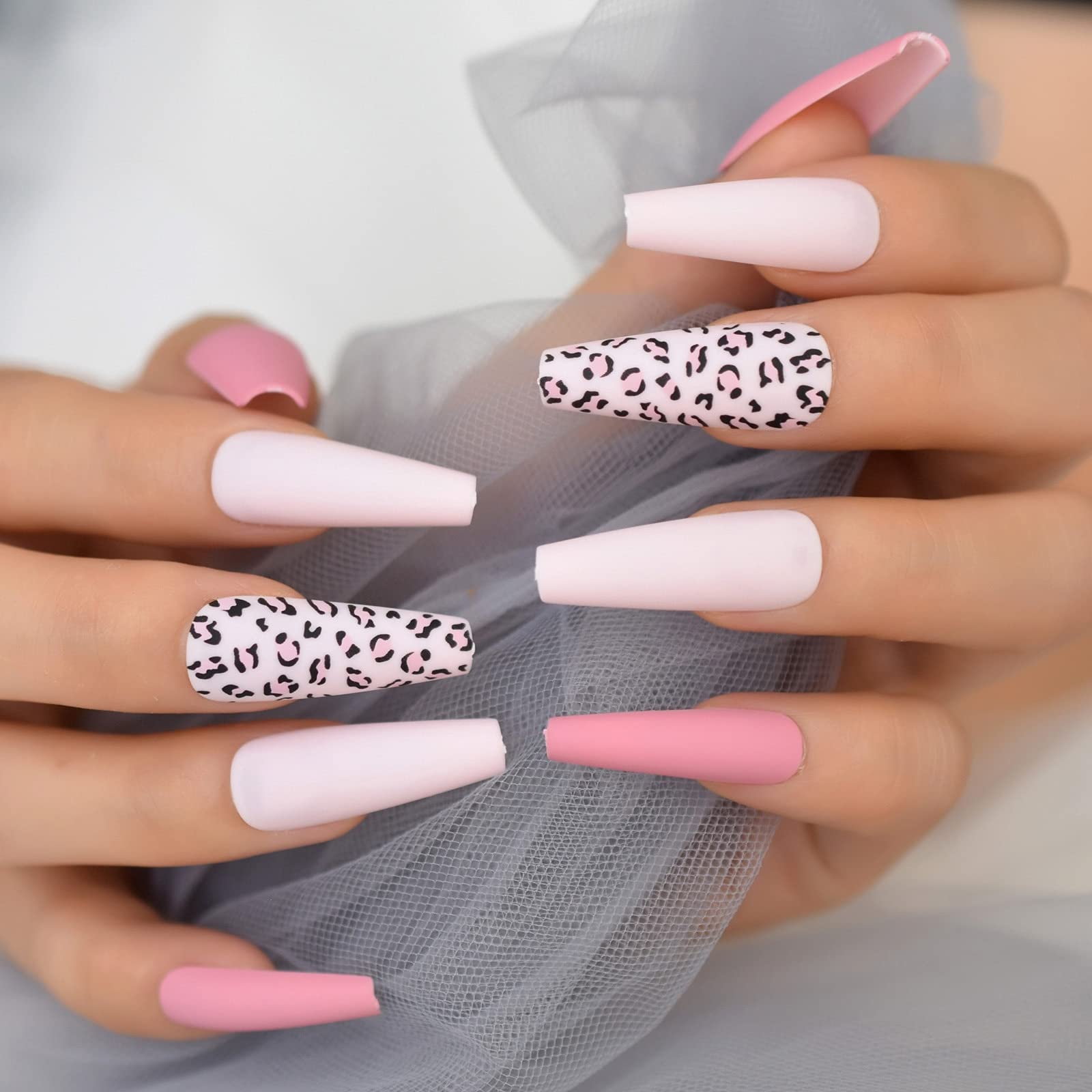 Coolnail Matte Pink Leopard Print Press On Nails - Extra Long Coffin Ballet Fake Nails for Women | Full Cover Artificial Nails for Parties, Weddings & Special Occasions