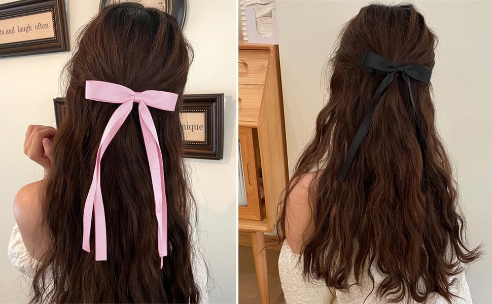FAMEZA 4 PCS Long Tail Ribbon Hair Clips with Bowknot - Women's Fashion Hair Accessories for Ponytails, Braids & Updos (Multicolor)