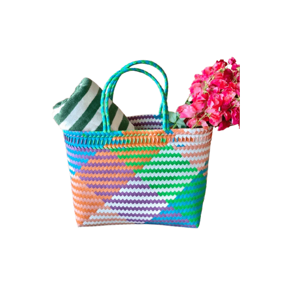 Eco-Friendly Woven Madras Shopper Bag - Reusable Cotton Tote for Grocery Shopping, Beach & Travel - Stylish & Durable Carryall for Women & Men