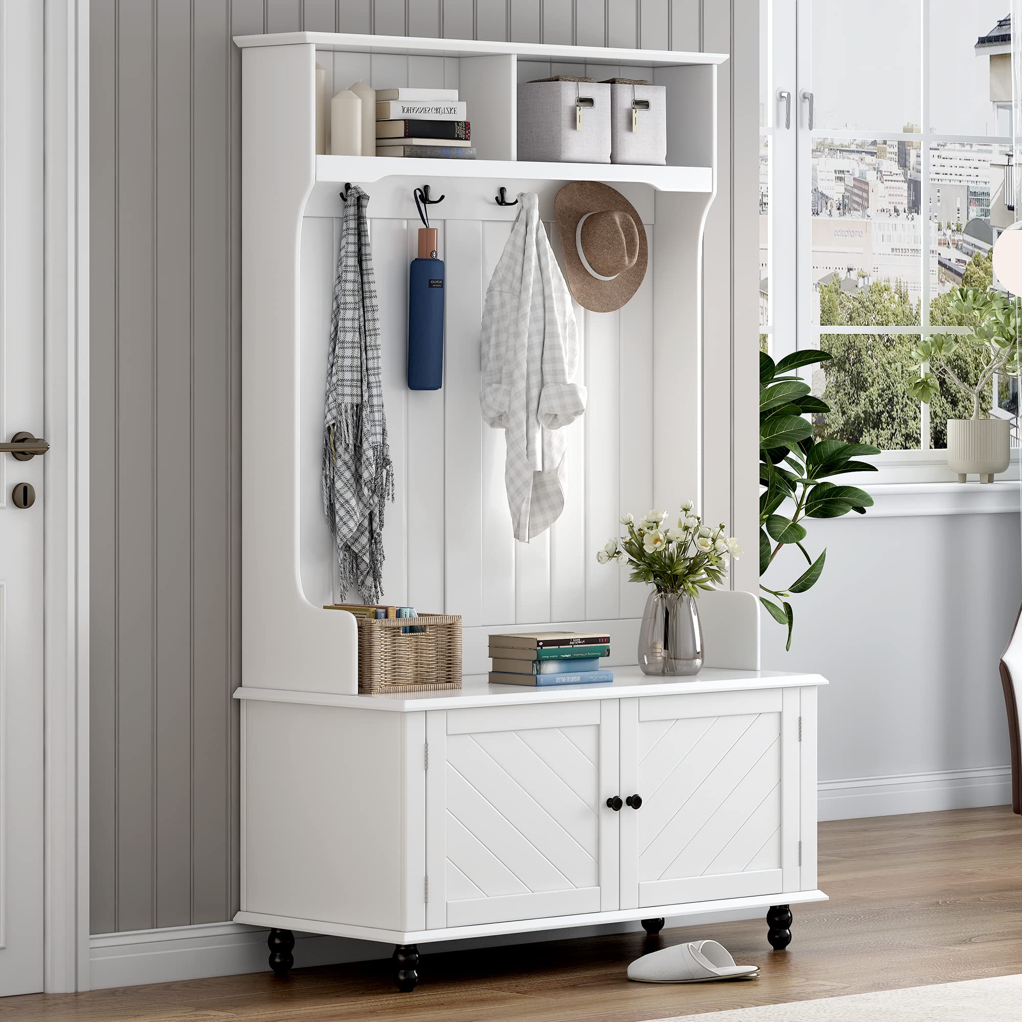 Henf Hall Tree with Storage Bench - Wooden Entryway Organizer with Coat Racks, 4 Hooks & Storage Cabinet - Perfect for Entrance, Hallway & Mudroom Organization (White)