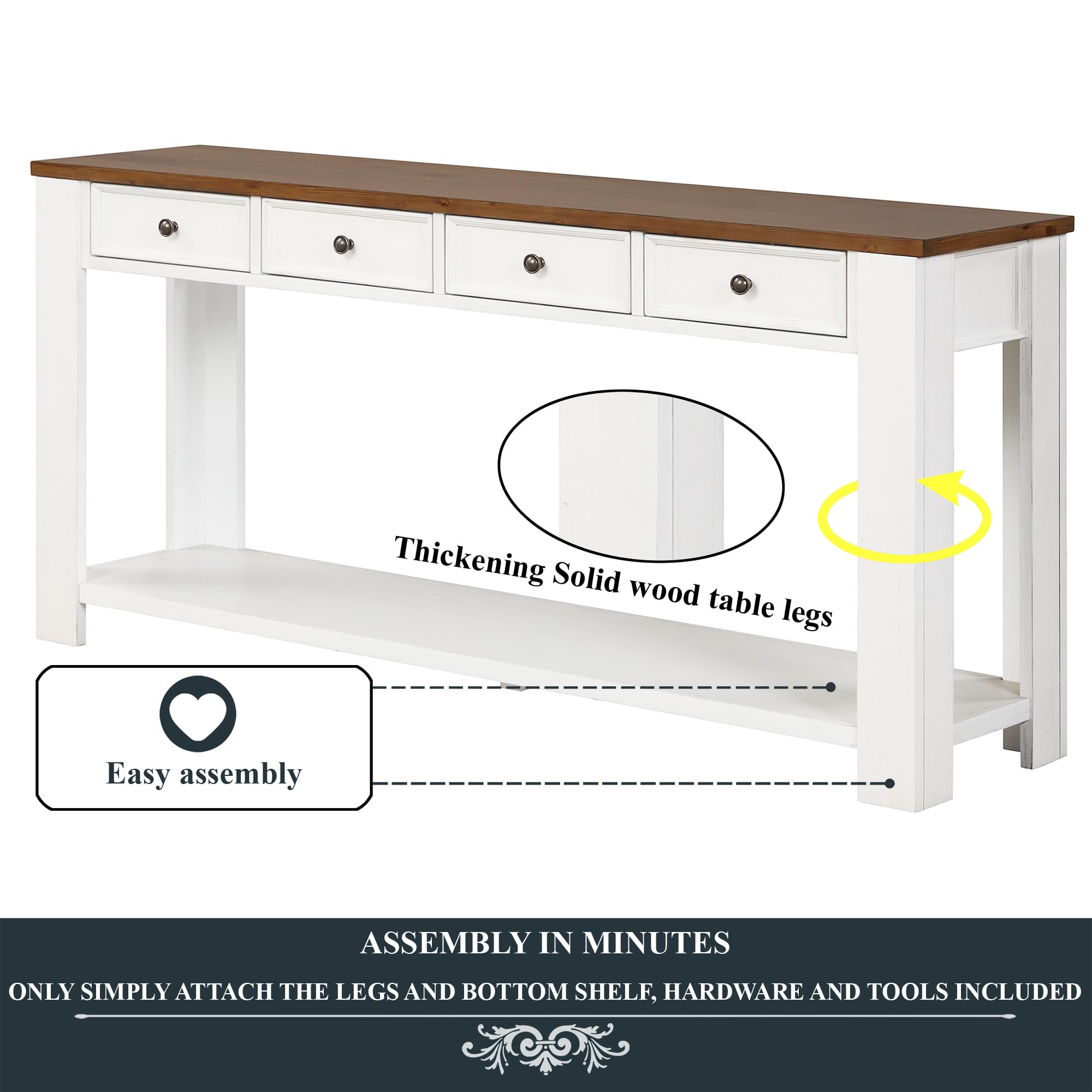 P PURLOVE 63 Inch Solid Wood Console Table with 4 Drawers & Bottom Shelf - Entryway Sofa Table, Hallway Organizer, Living Room Sideboard - Perfect for Home Decor, Storage & Display (Espresso Finish)