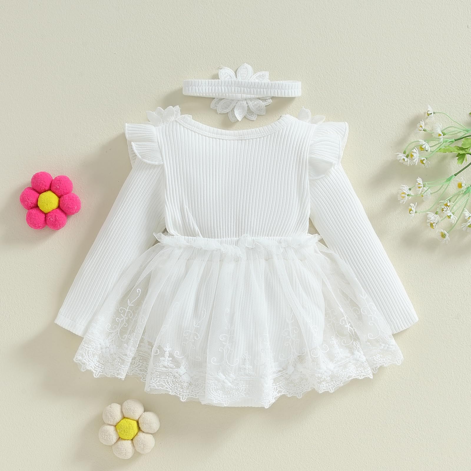 **Baby Girl Princess Birthday Party Dress - Long Sleeve Lace Flower Tutu Romper - Newborn Fall Outfit for Photoshoots, Holidays & Special Occasions**