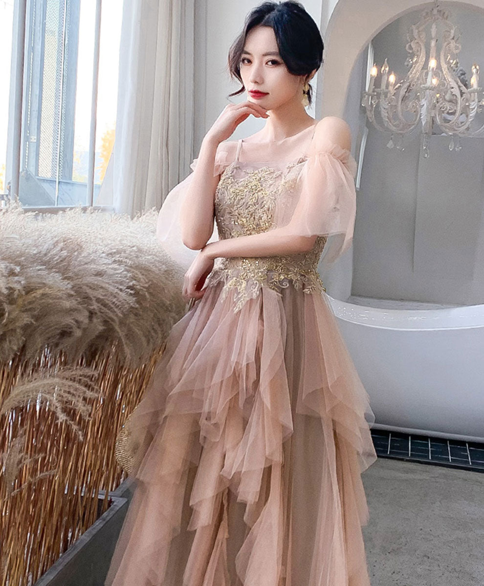 Elegant Champagne Tulle Lace Long Prom Dress with Floral Appliques - Formal Evening Gown for Homecoming, Wedding, and Special Occasions