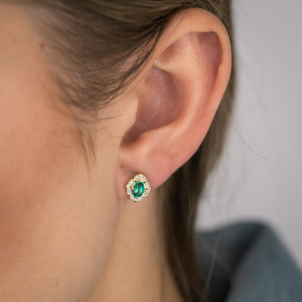 0.40 Carat Lab-Created Emerald and Diamond Oval Stud Earrings in 9K Yellow Gold | Elegant Gift for Women, Anniversary & Special Occasions