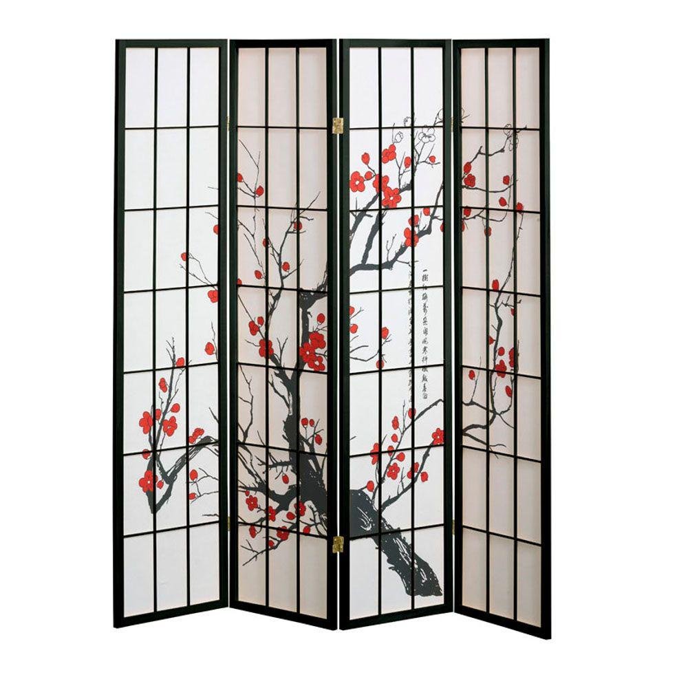 Home Decorators Collection 4-Panel Cherry Blossom Design Room Divider Screen - Black Folding Privacy Partition for Living Room, Bedroom & Office Decor