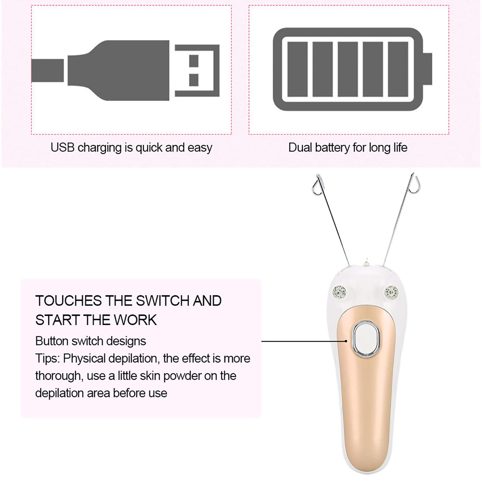 Electric Facial Hair Remover for Women - Rechargeable Epilator for Face & Body, Painless Hair Removal Device with LED Light - Perfect for Eyebrows, Upper Lip, Chin, Arms & Legs [Gold]