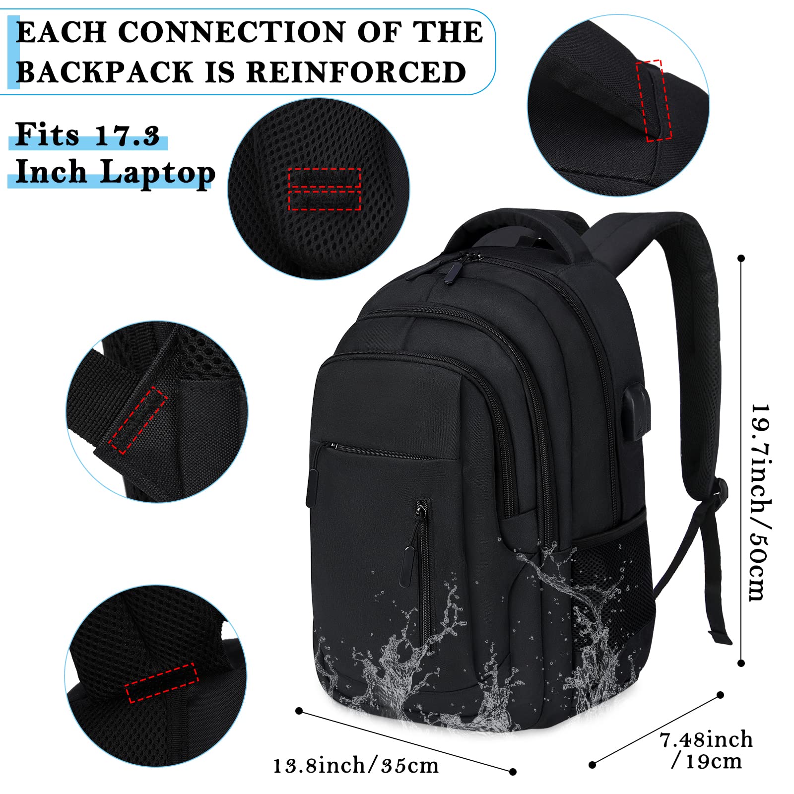 17.3 Inch Laptop Backpack with USB Charging Port - Waterproof Large Travel Backpack for Men & Women - Business, School & College Backpack - Perfect for Work, Commuting & Airplane Carry-On - Dark Black