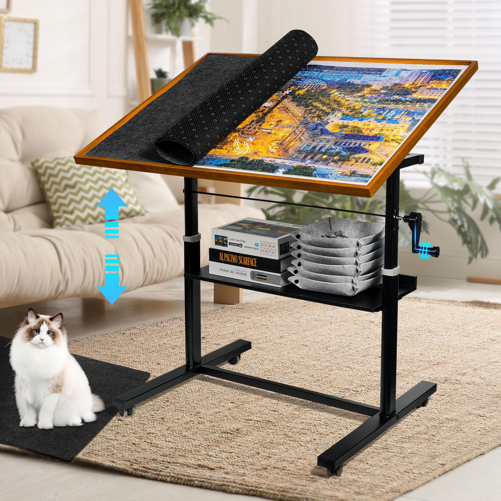 Sunix Adjustable Jigsaw Puzzle Table with Legs & Wheels - 12-Tilting-Angle Puzzle Board for 1500 Pieces, Includes Protector Mat & 6 Sorting Trays - Perfect for Family Game Nights & Educational Activities (Kids & Adults)
