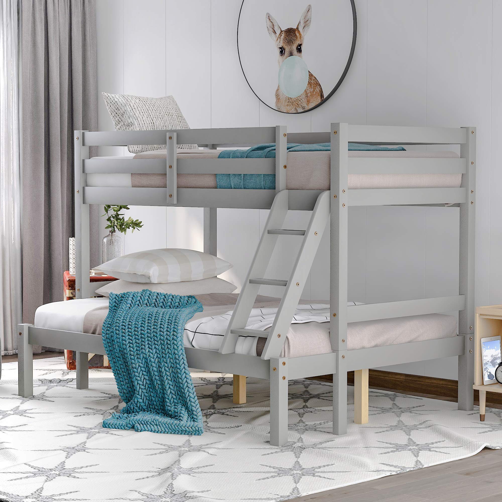 Merax Twin Over Full Bunk Bed Frame - Solid Wood Loft Bed with Guardrail & Ladder - Space Saving Kids & Guest Bedroom Furniture (Grey) - Perfect for Small Rooms, Dorms, and Shared Kids' Bedrooms