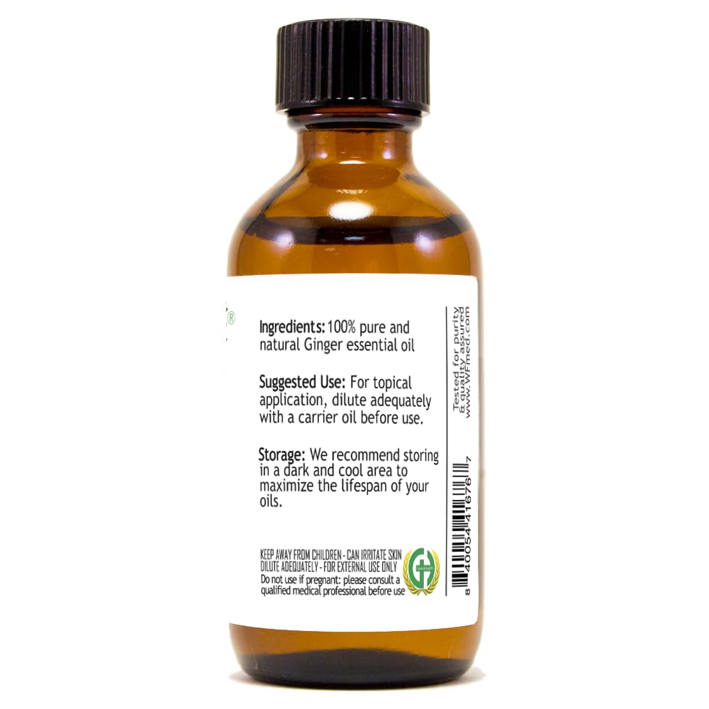 100% Pure Ginger Essential Oil - 2 fl oz (59 ml) Glass Bottle with Cap - Aromatherapy, Massage & DIY Skincare - GreenHealth