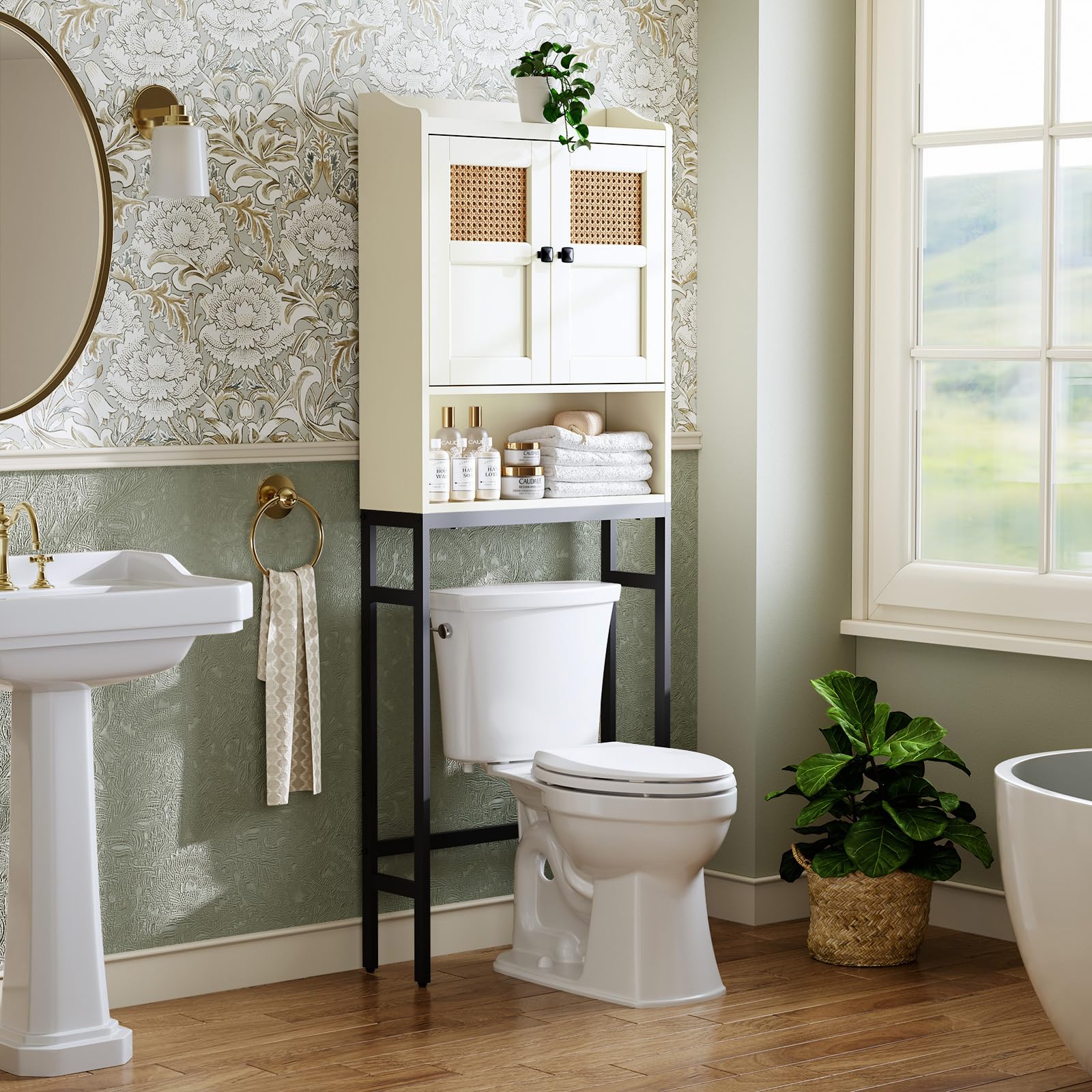 Over The Toilet Storage Cabinet with Rattan Doors - Cream White Bathroom Organizer with Soft Hinges for Above Toilet Space Saving | Perfect for Small Bathrooms, Apartments & Powder Rooms