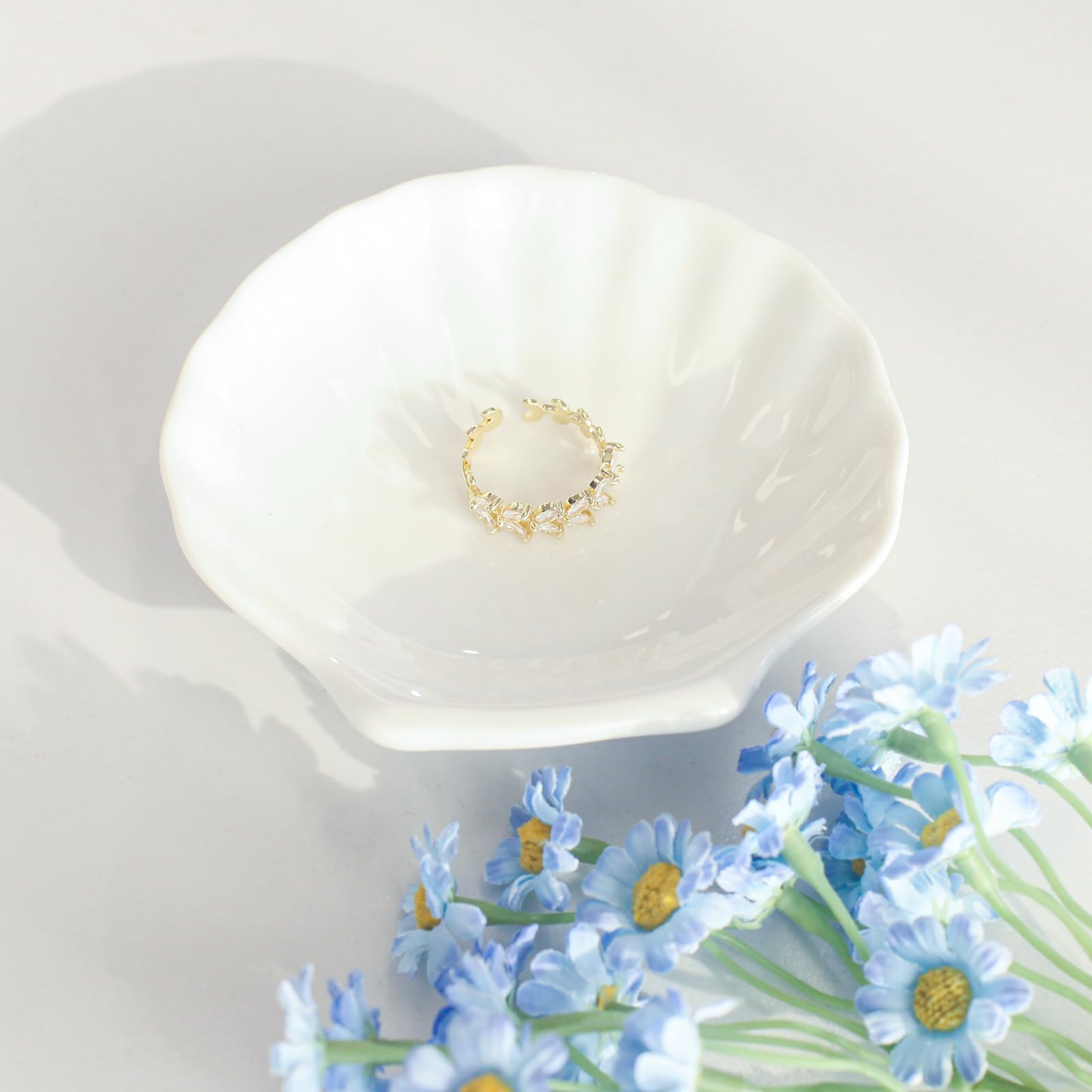 Ceramic Shell Ring Dish Tray - Jewelry Organizer & Key Holder Bowl for Beach Decor | White Small Seashell Trinket Tray | Perfect for Bathroom Counter, Dresser Top & Coastal Home Aesthetic